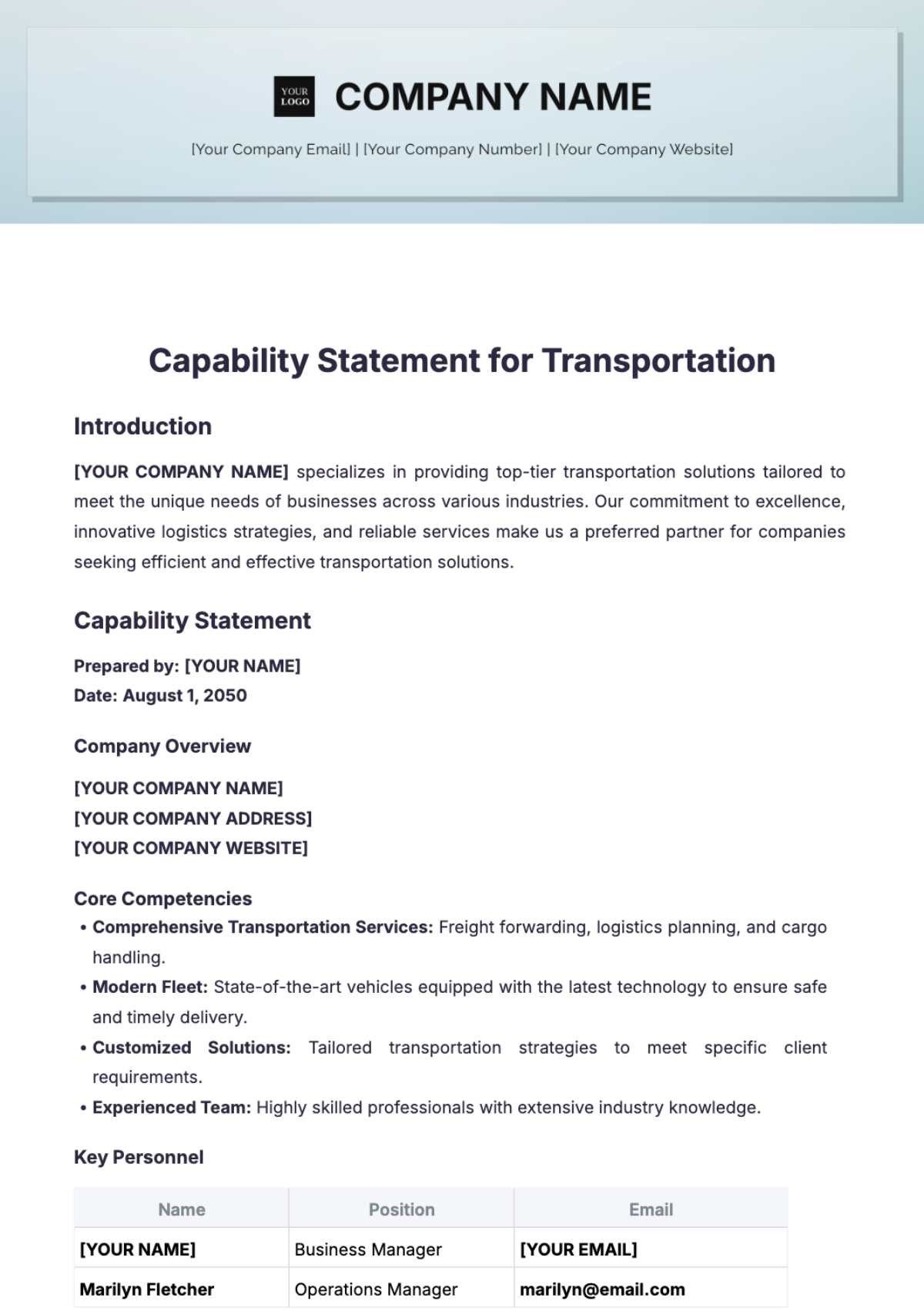 Capability Statement for Transportation Template - Edit Online & Download