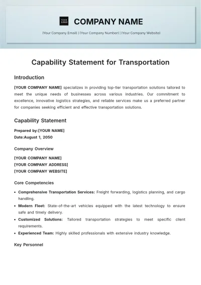 Free Capability Statement for Transportation Template to Edit Online