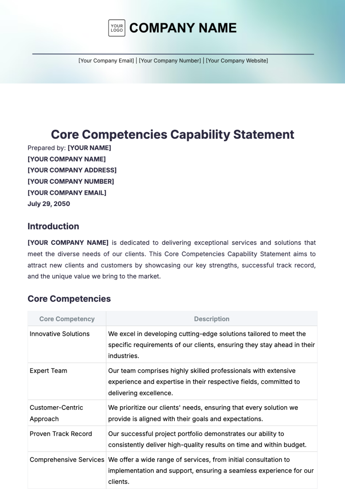 Core Competencies Capability Statement Template - Edit Online & Download