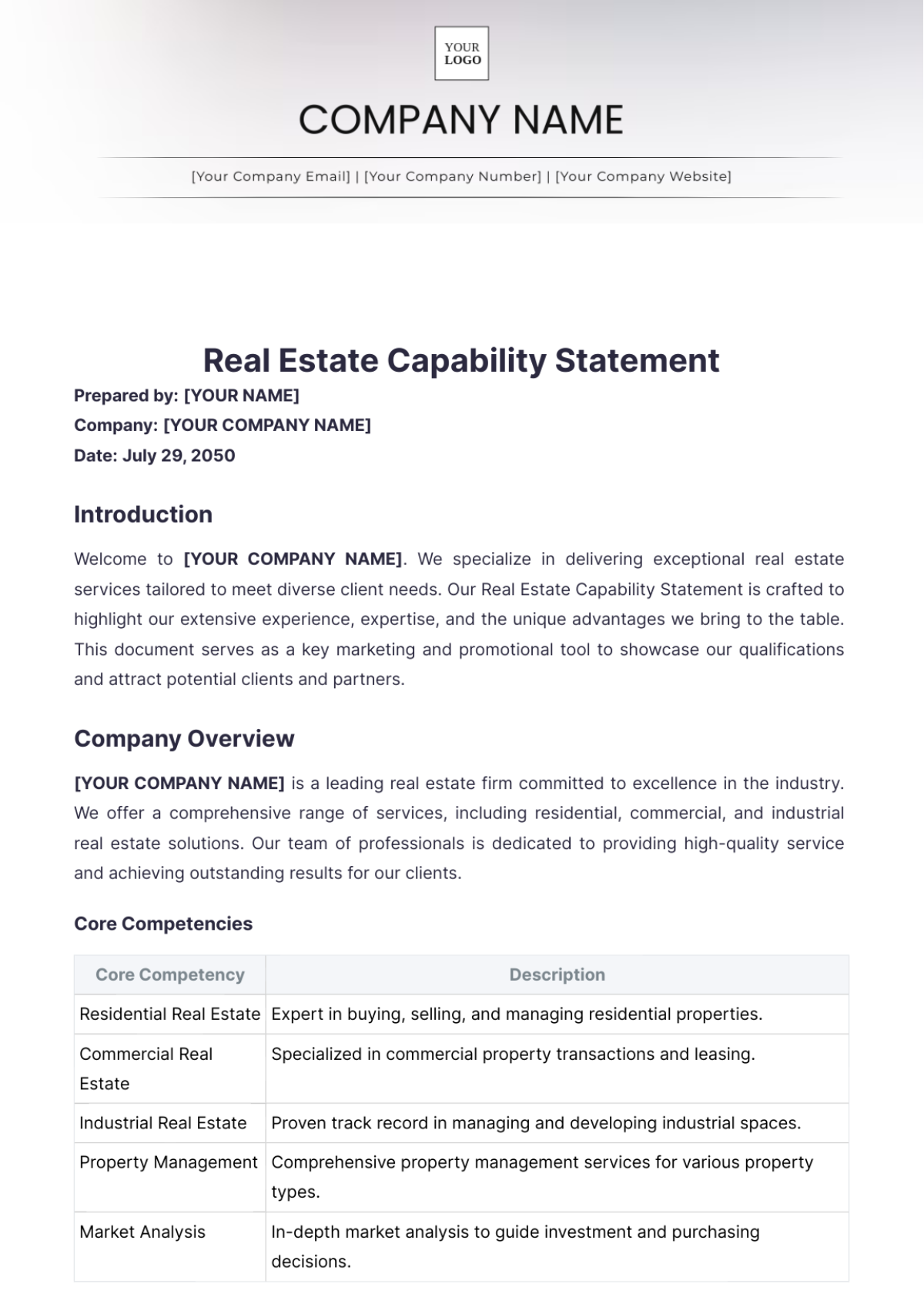 Real Estate Capability Statement Template - Edit Online & Download