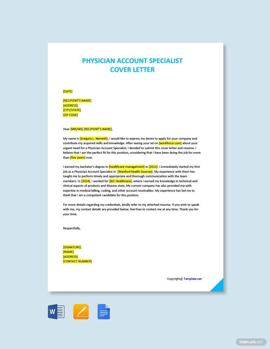 Physician Account Specialist Cover Letter Template