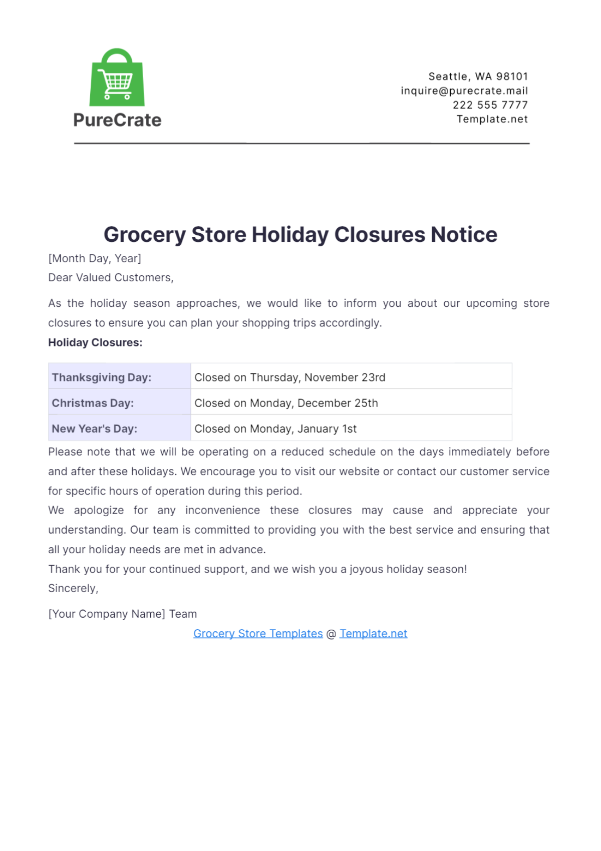 Grocery Store Holiday Closures Notice Template