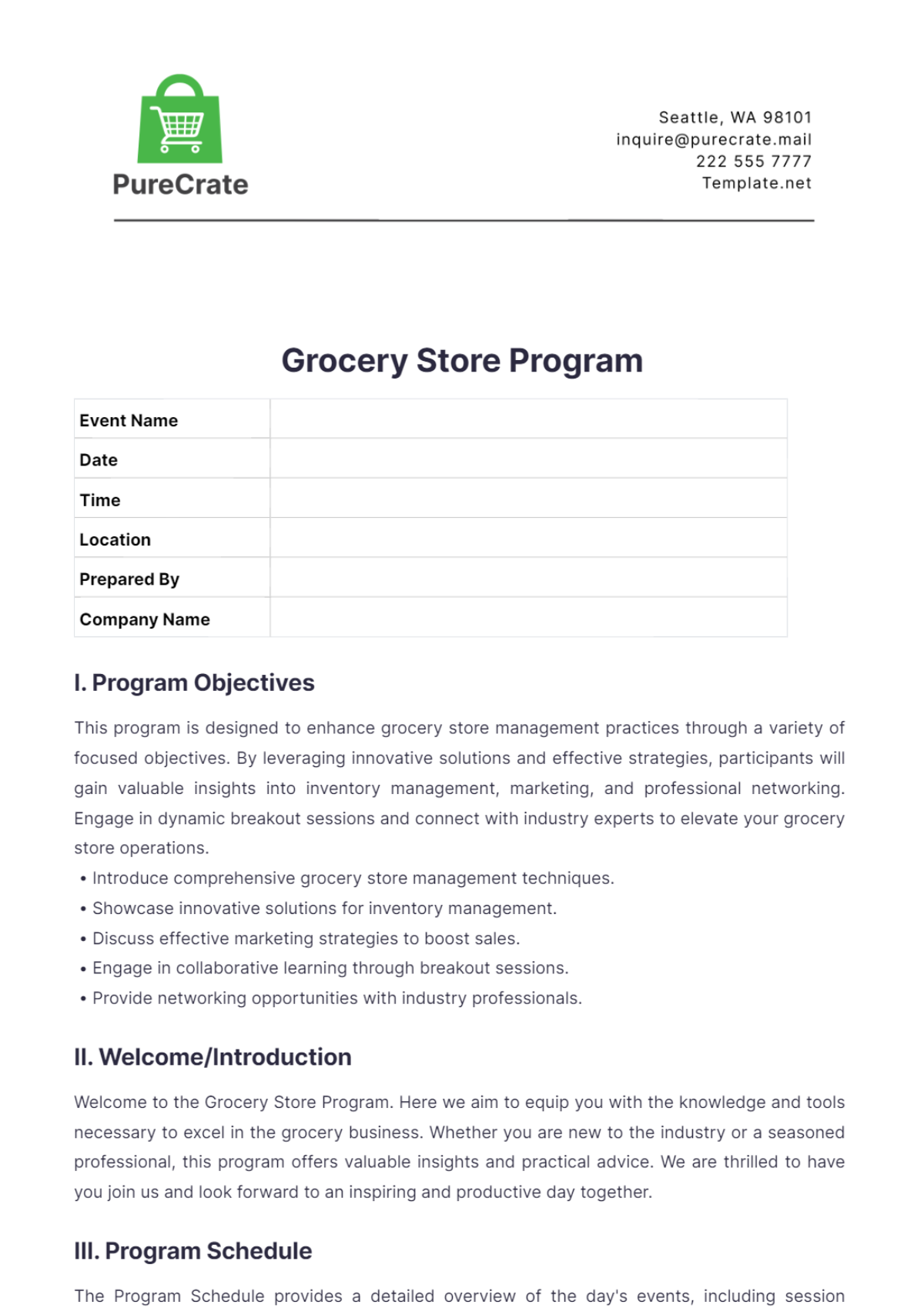 Grocery Store Program Template