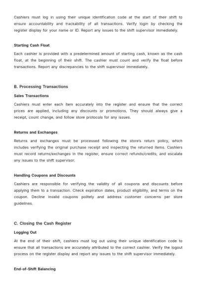 Free Simple Grocery Store Cash Handling SOP Template to Edit Online