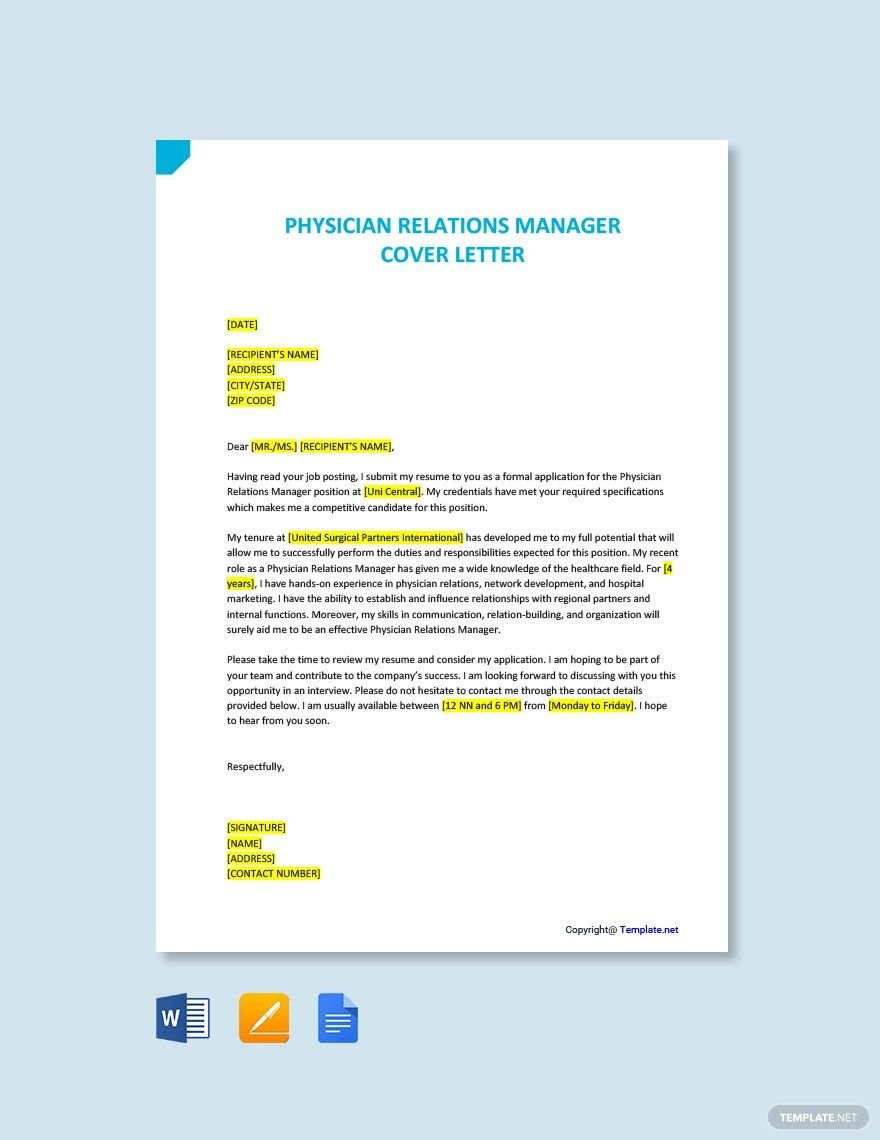 Free Physician Relations Manager Cover Letter Template
