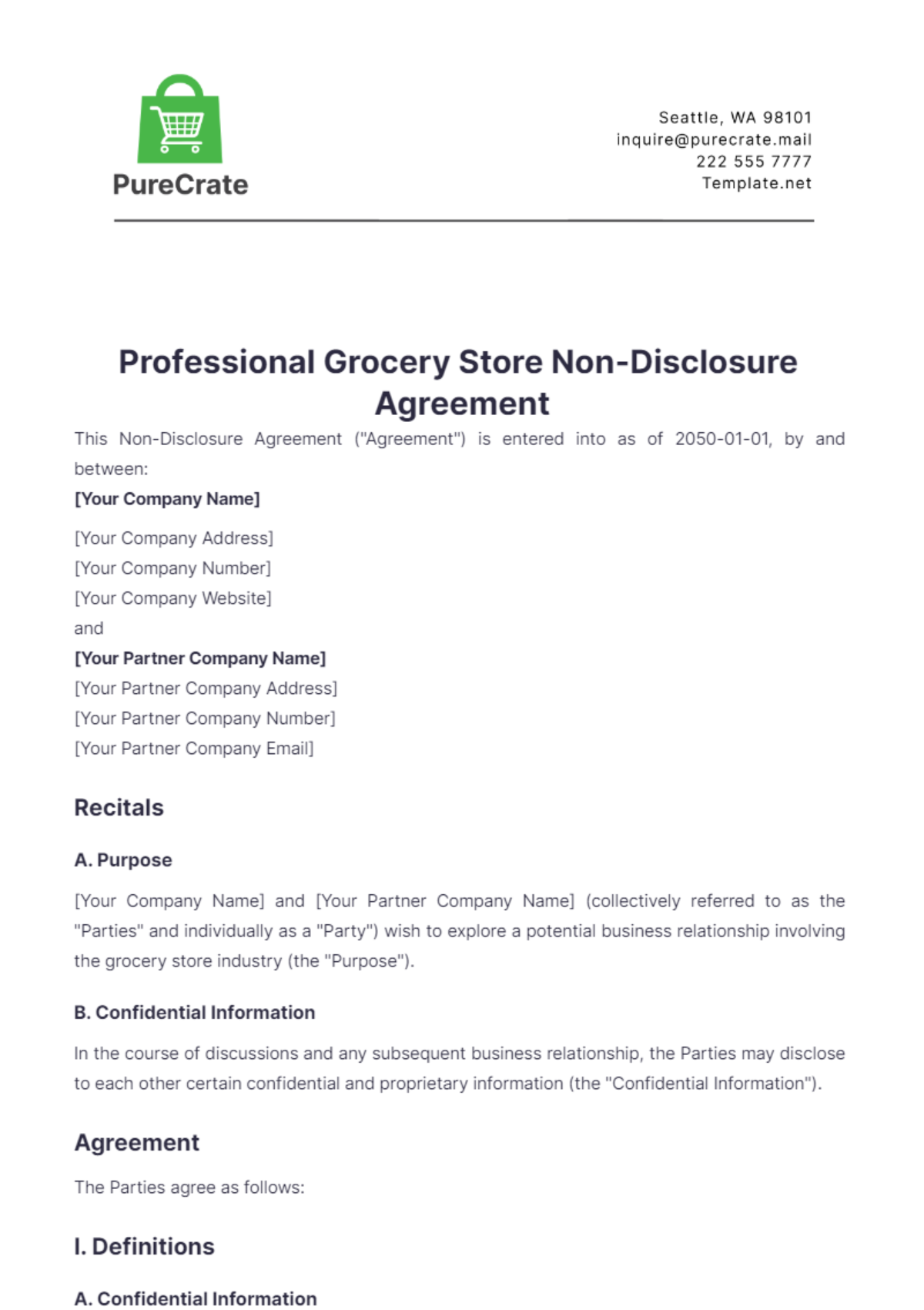 Professional Grocery Store Non-Disclosure Agreement Template - Edit Online & Download