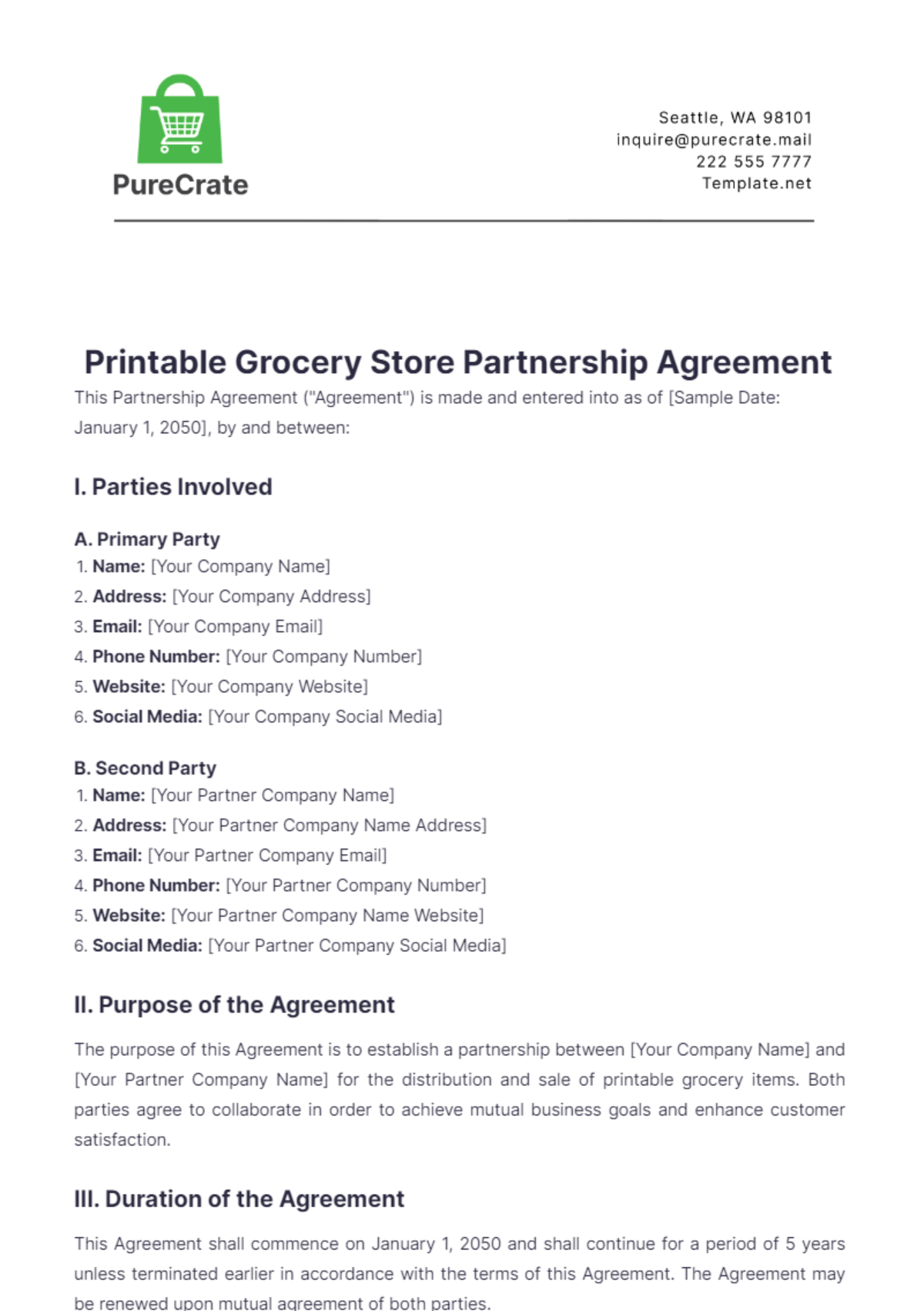 Printable Grocery Store Partnership Agreement Template - Edit Online & Download