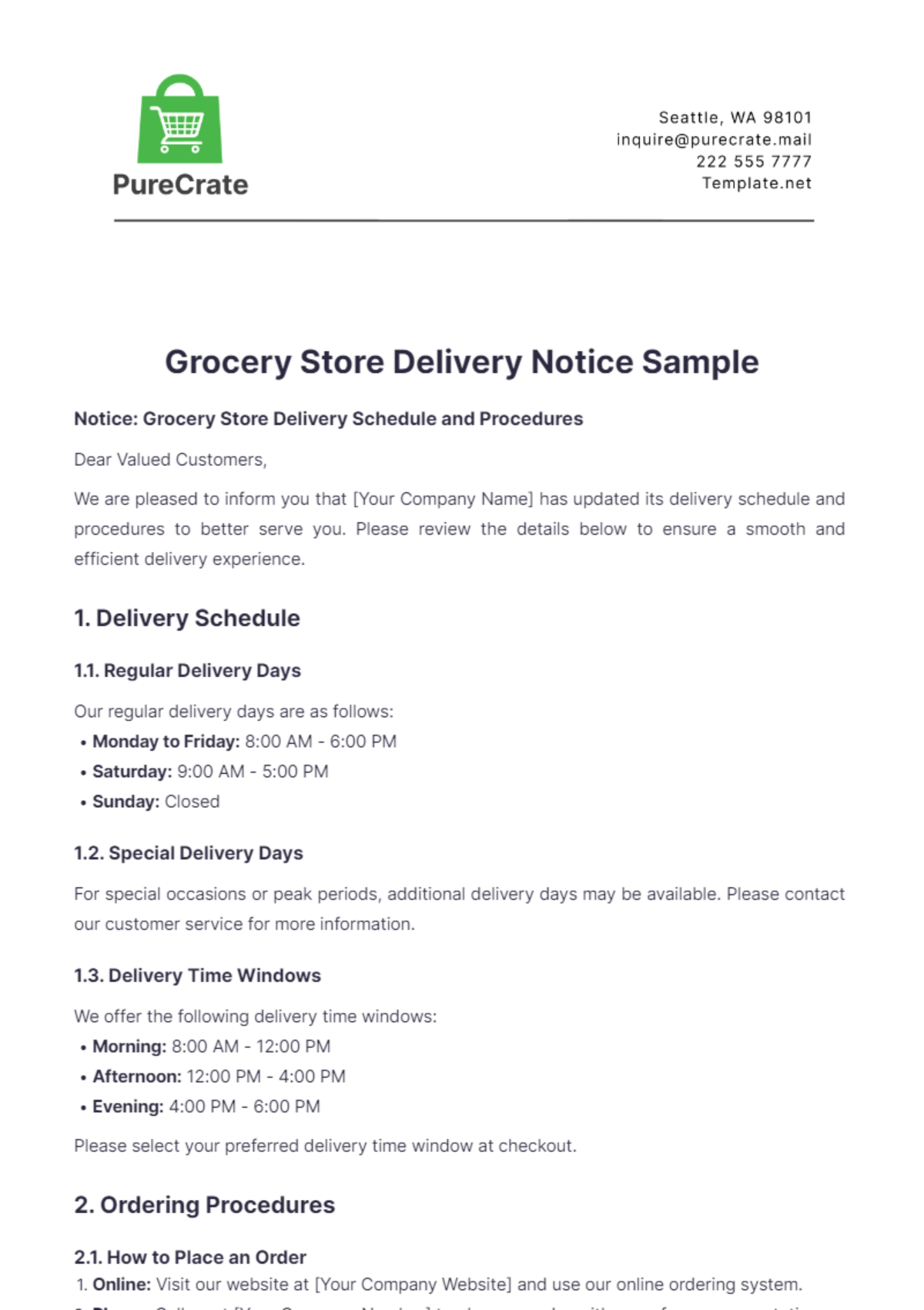 Grocery Store Delivery Notice Sample Template - Edit Online & Download