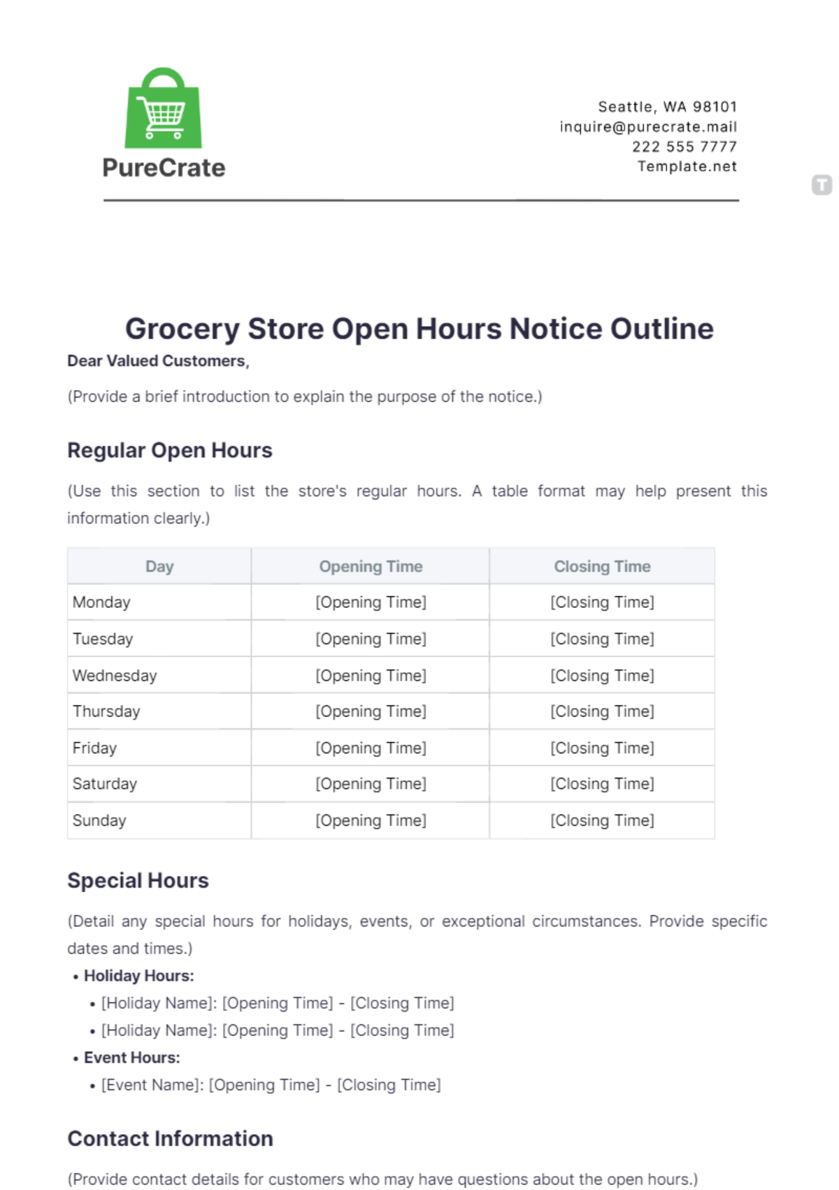 Grocery Store Open Hours Notice Outline Template - Edit Online & Download