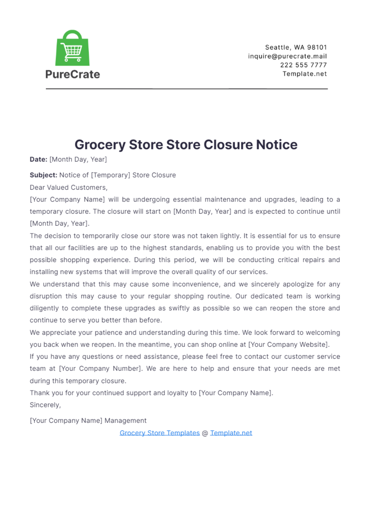 Grocery Store Store Closure Notice Template - Edit Online & Download