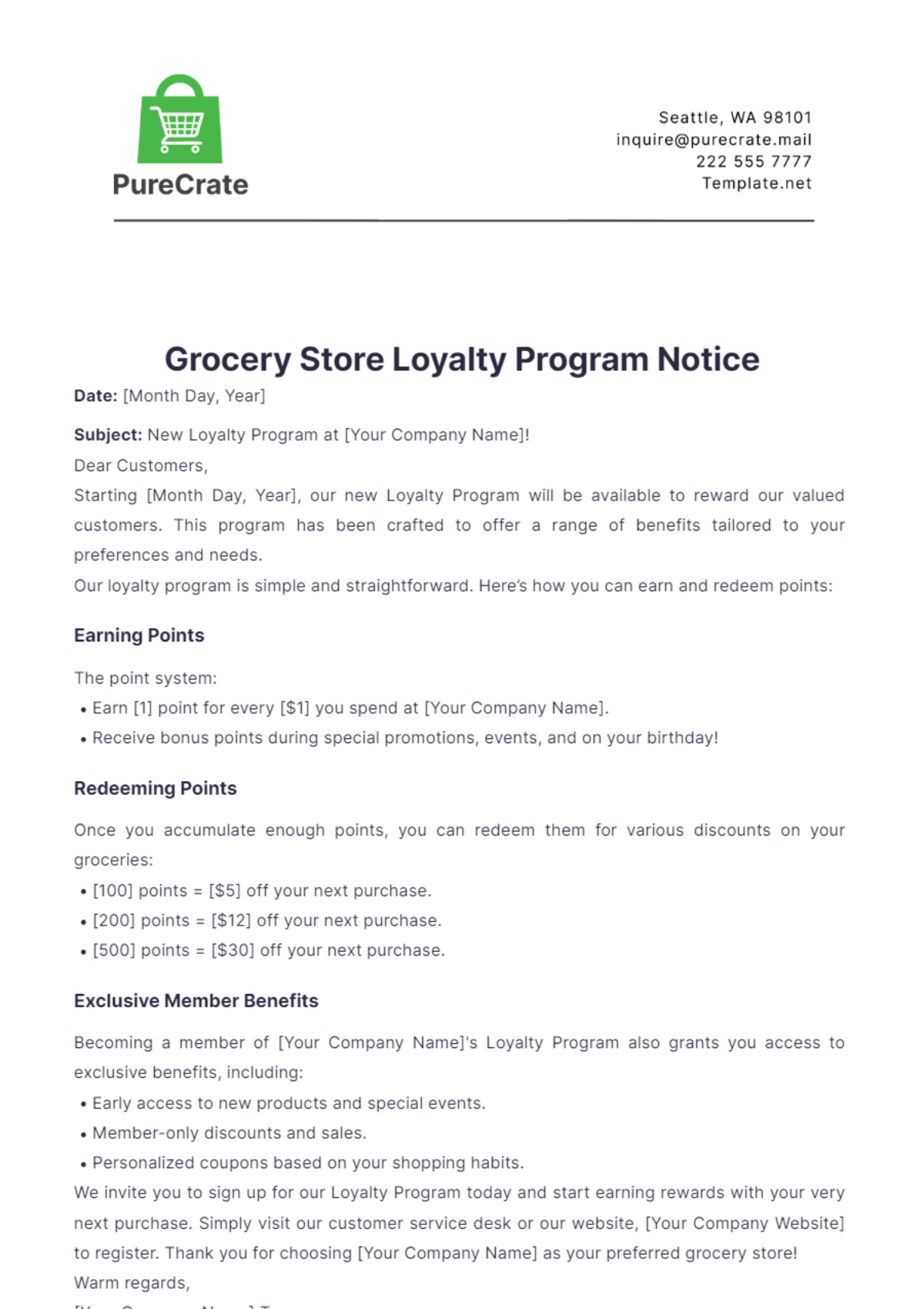 Grocery Store Loyalty Program Notice Template - Edit Online & Download