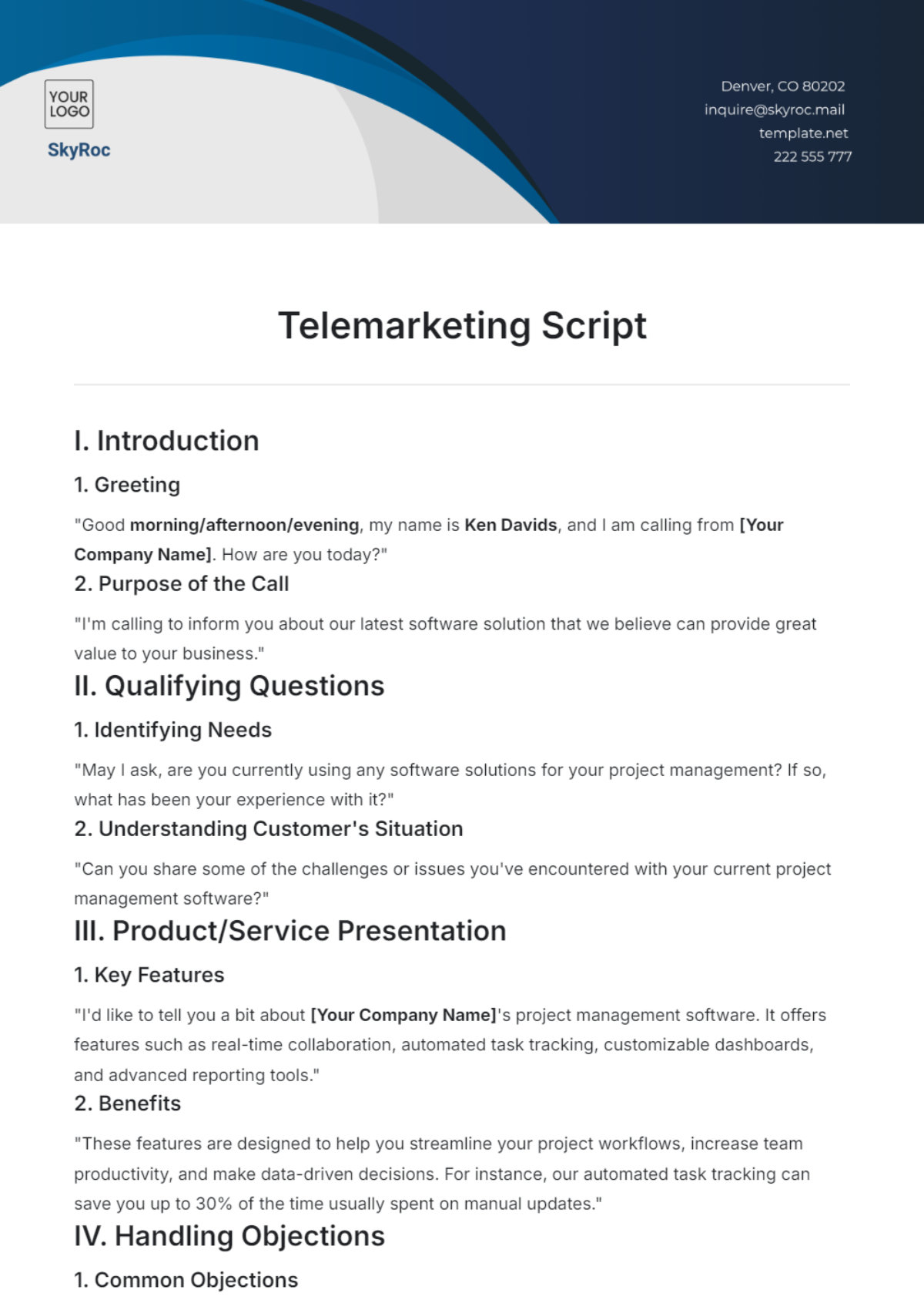 Telemarketing Script Template - Edit Online & Download