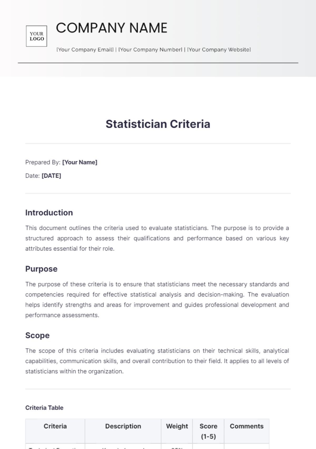 Statistician Criteria Template - Edit Online & Download