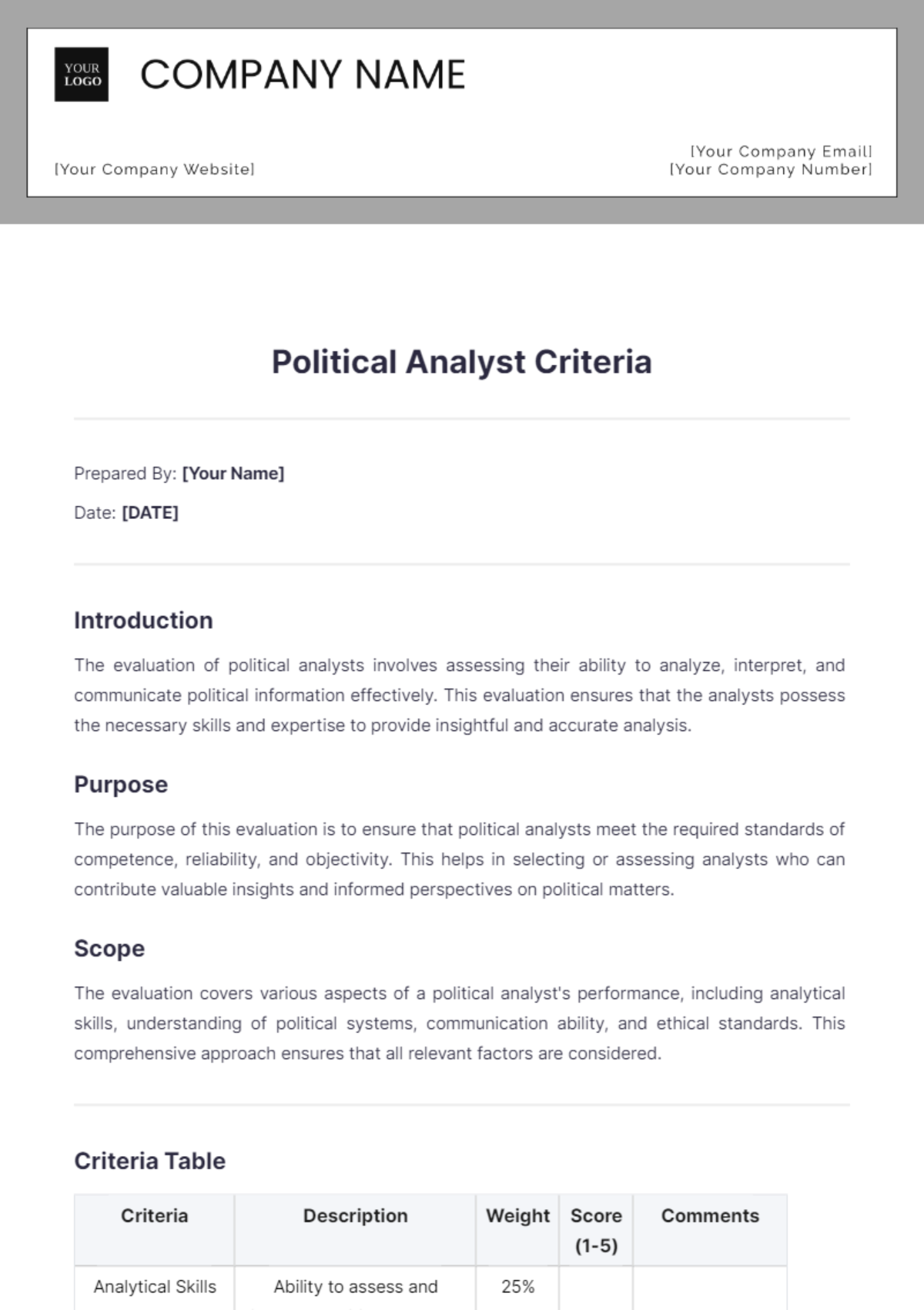 Political Analyst Criteria Template - Edit Online & Download