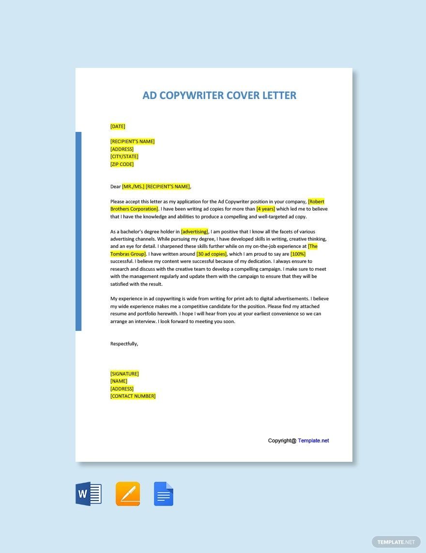 Ad Copywriter Cover Letter in Word, Google Docs, PDF, Apple Pages