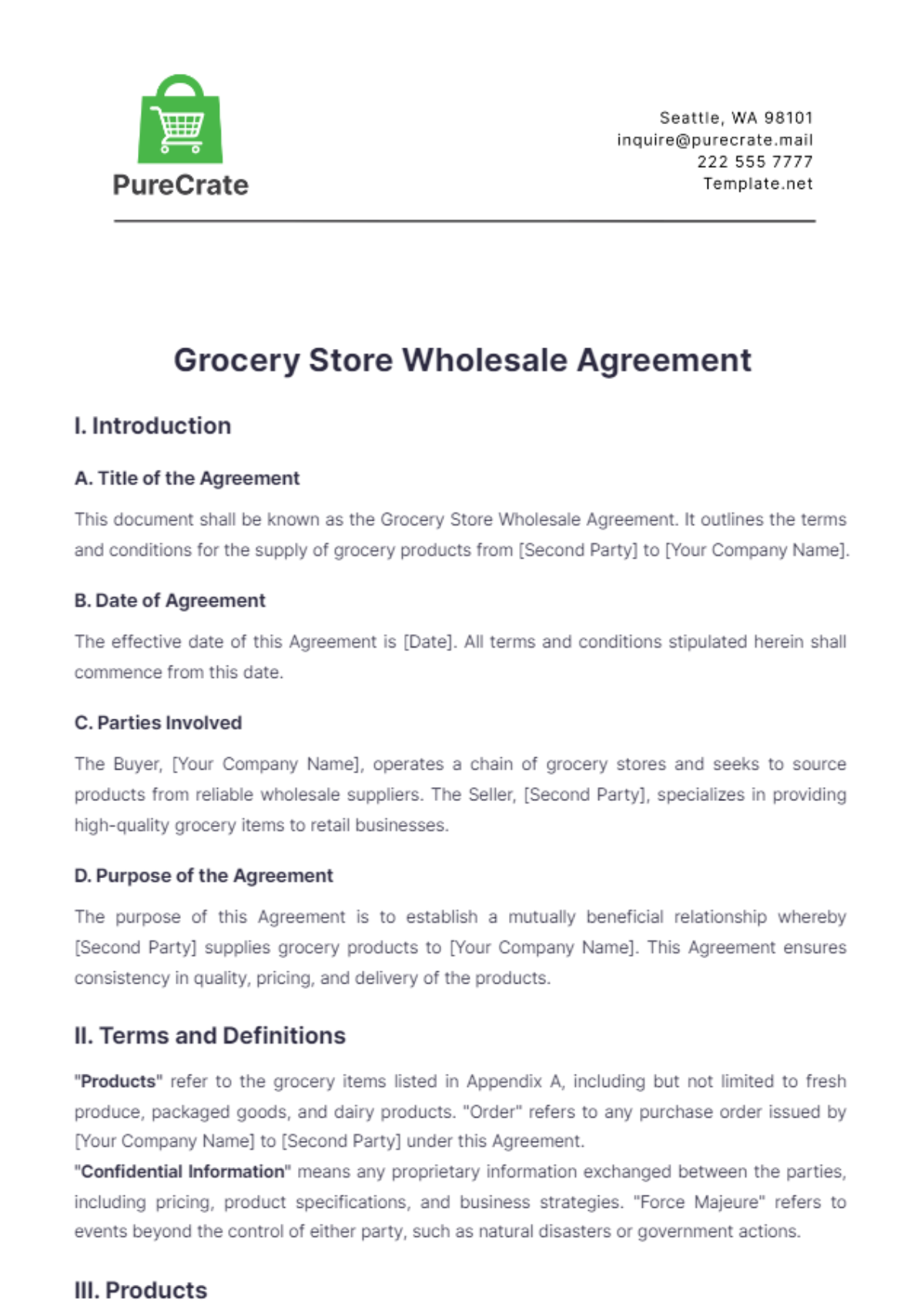 Grocery Store Wholesale Agreement Template