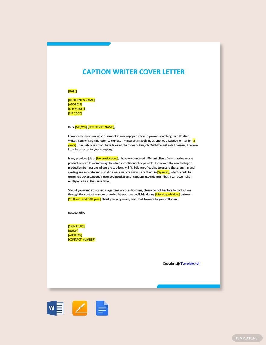 Caption Writer Cover Letter