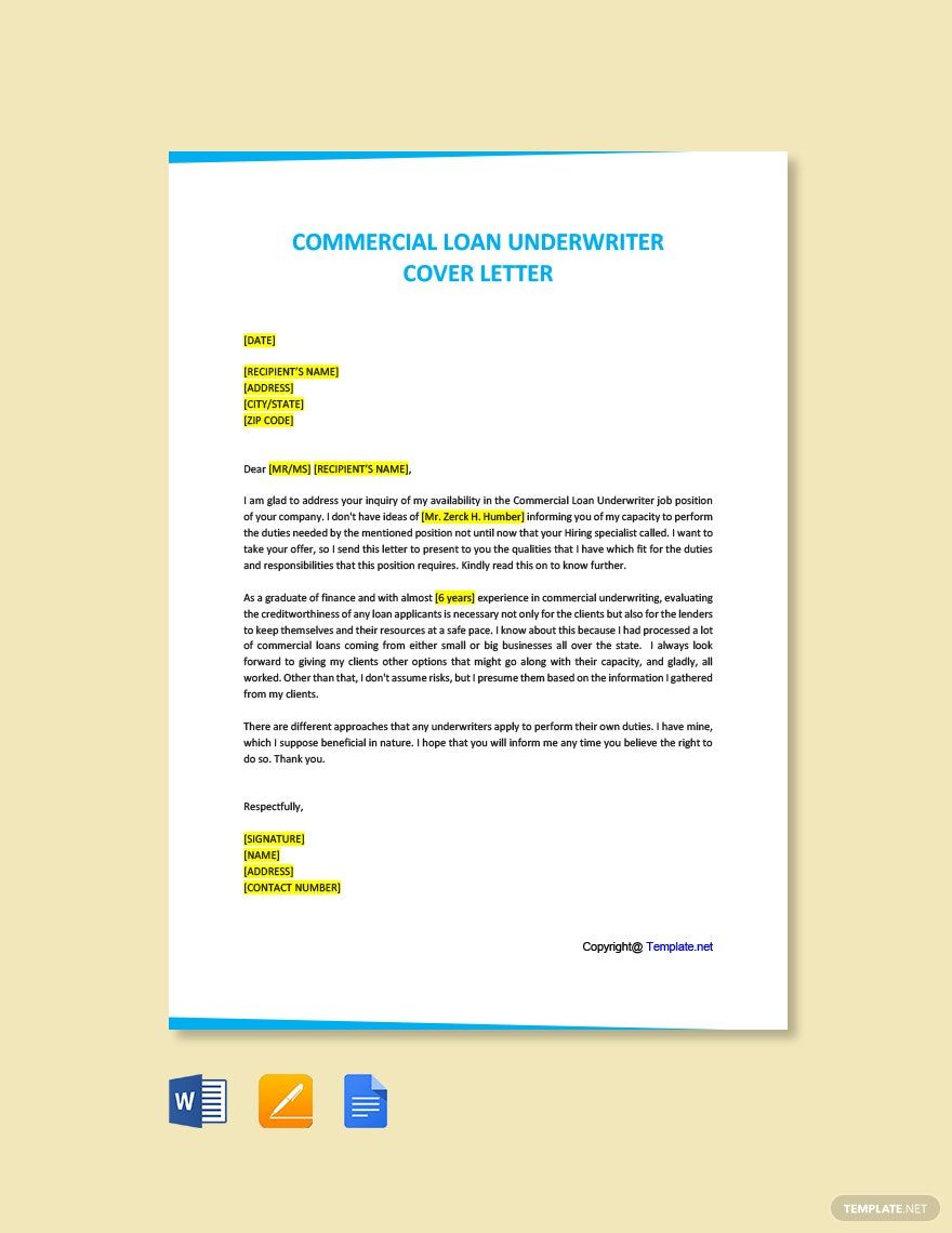 Commercial Loan Underwriter Cover Letter in Word, Google Docs, Pages, PDF - Download | Template.net