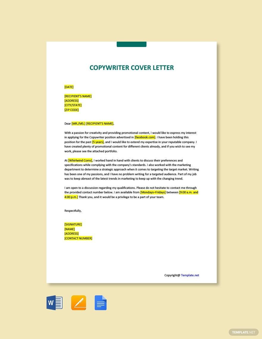 Copywriter Cover Letter in Word, Google Docs, PDF, Apple Pages