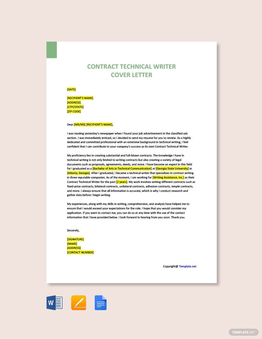 Contract Technical Writer Cover Letter in Word, Google Docs, Pages, PDF - Download | Template.net