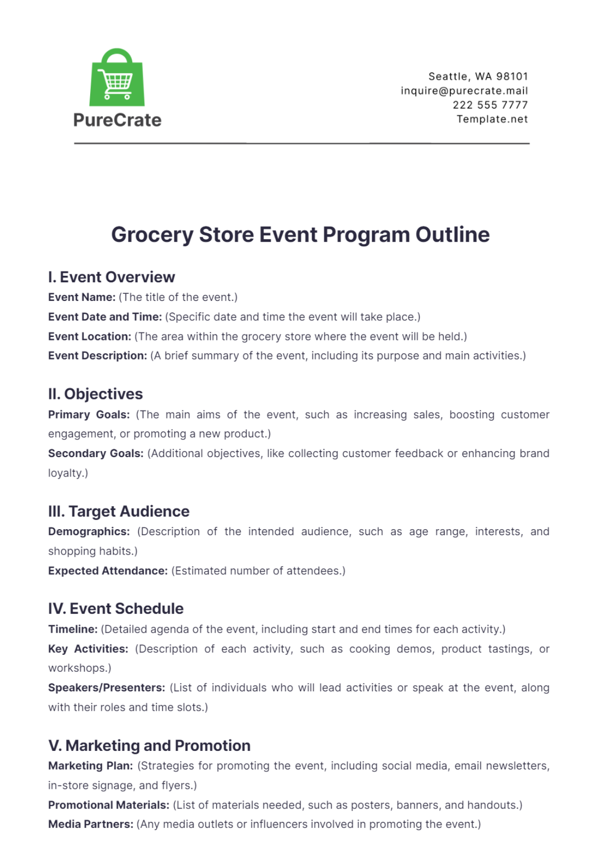 Grocery Store Event Program Outline Template