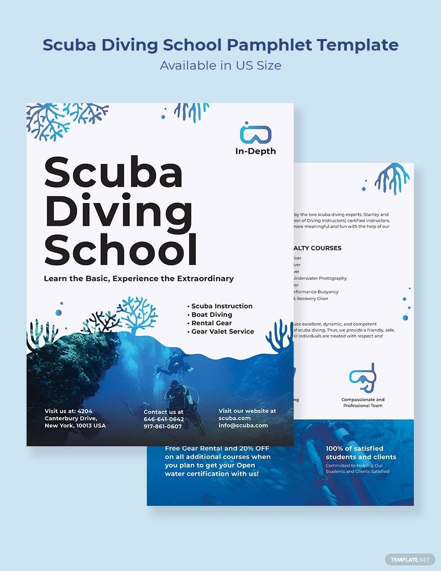 Scuba Diving School Pamphlet Template in Word, Google Docs, Illustrator, Apple Pages, Publisher, InDesign