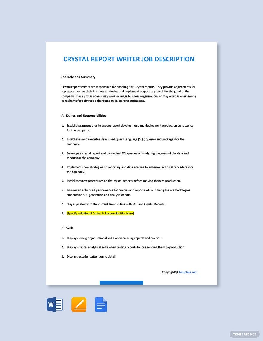 Free Crystal Report Writer Job Description Template