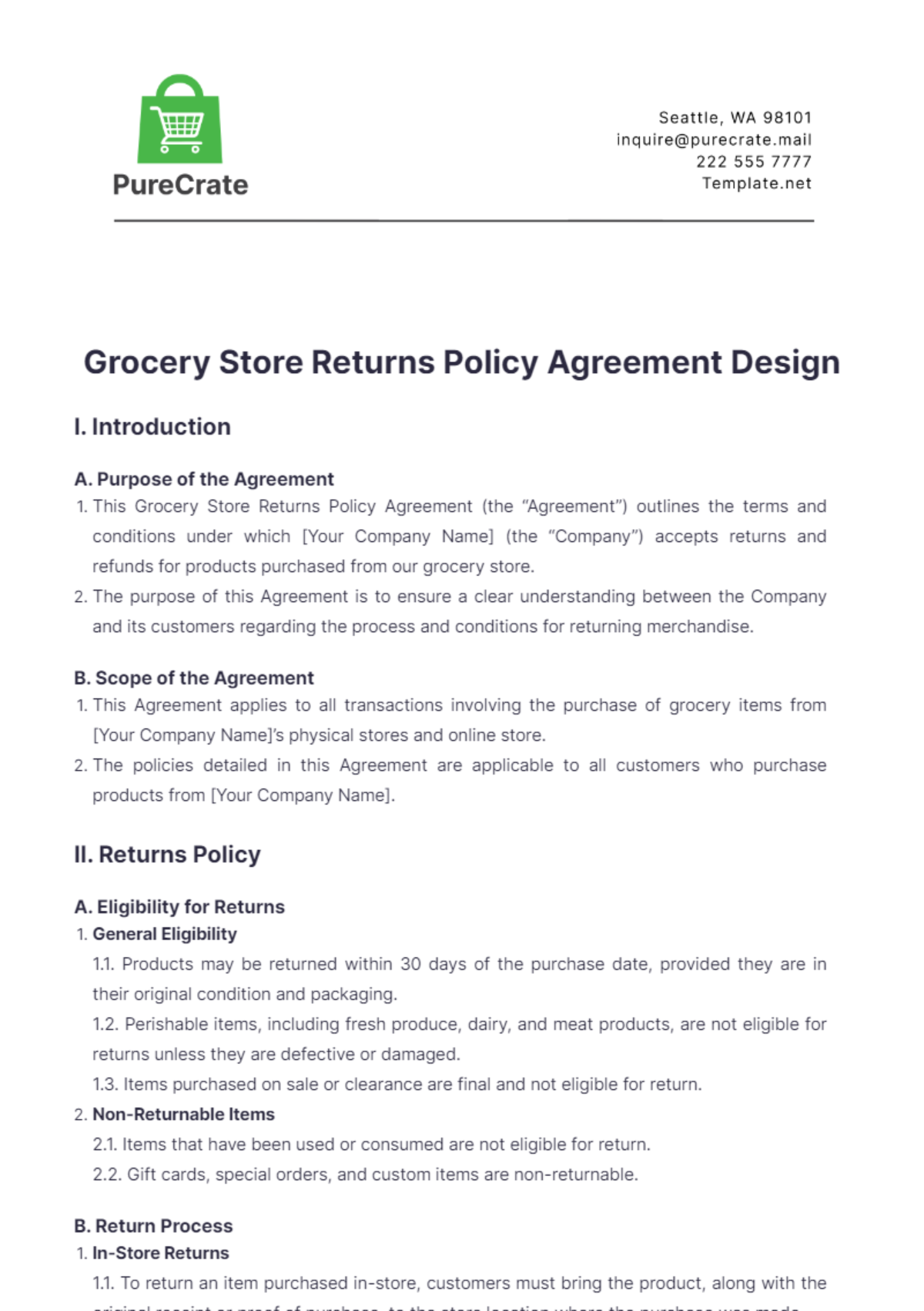 Grocery Store Returns Policy Agreement Design Template - Edit Online & Download