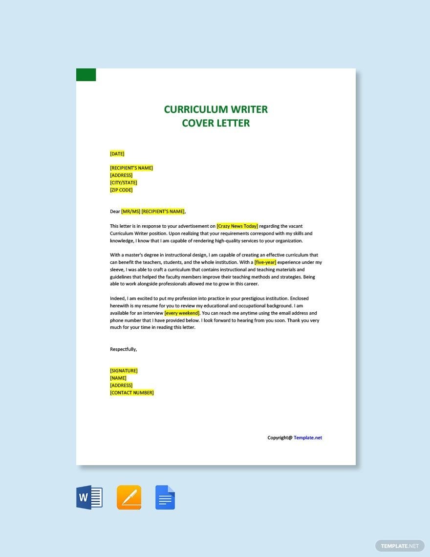 Curriculum Writer Cover Letter