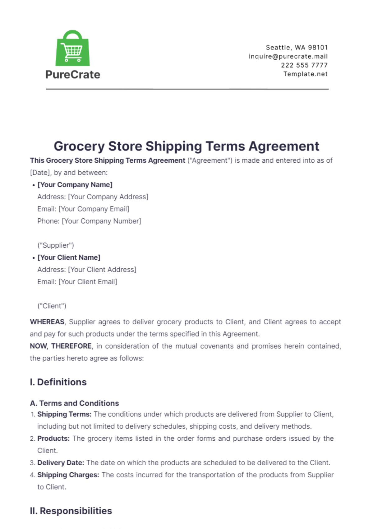 Grocery Store Shipping Terms Agreement Template - Edit Online & Download