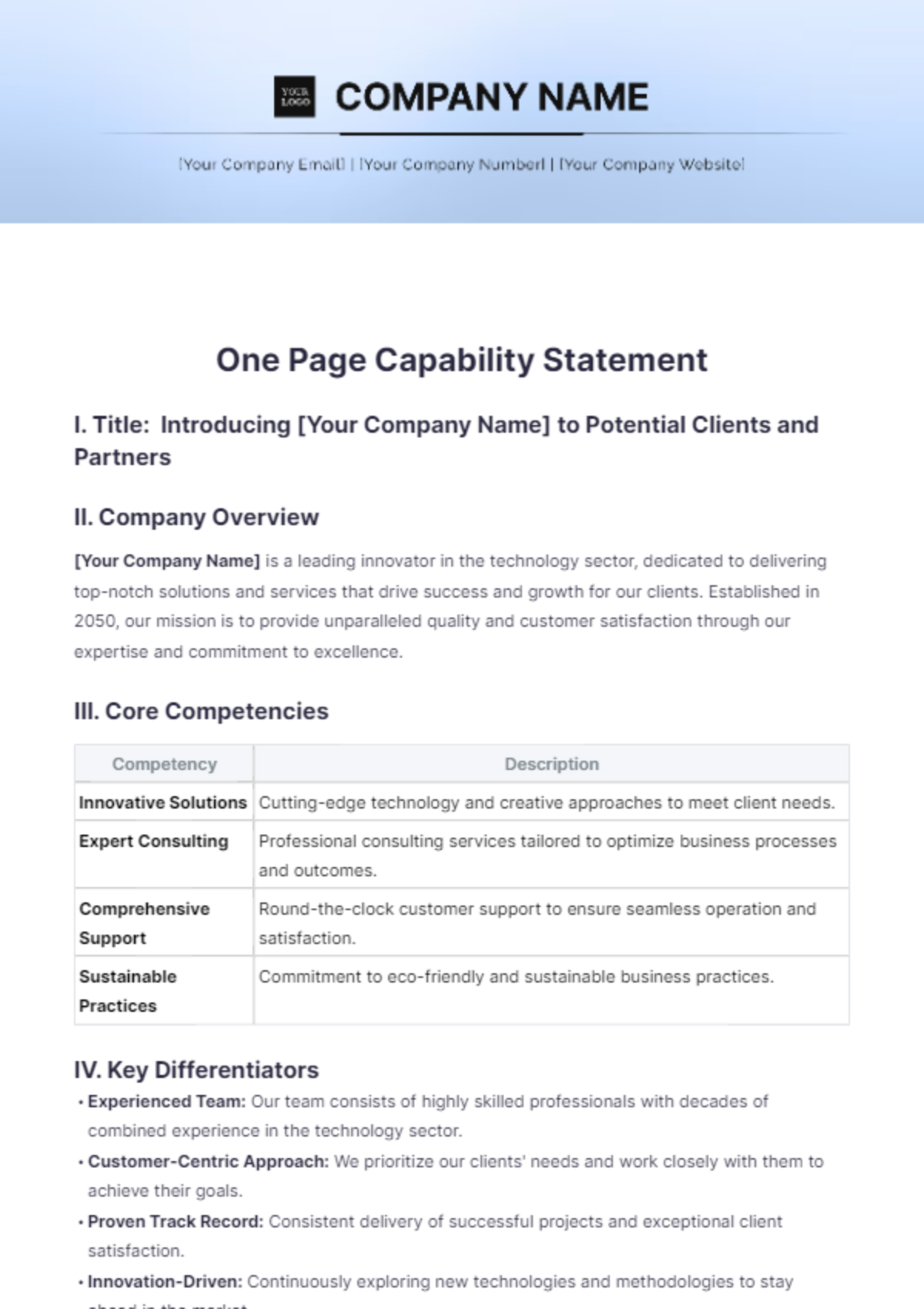 One Page Capability Statement Template - Edit Online & Download