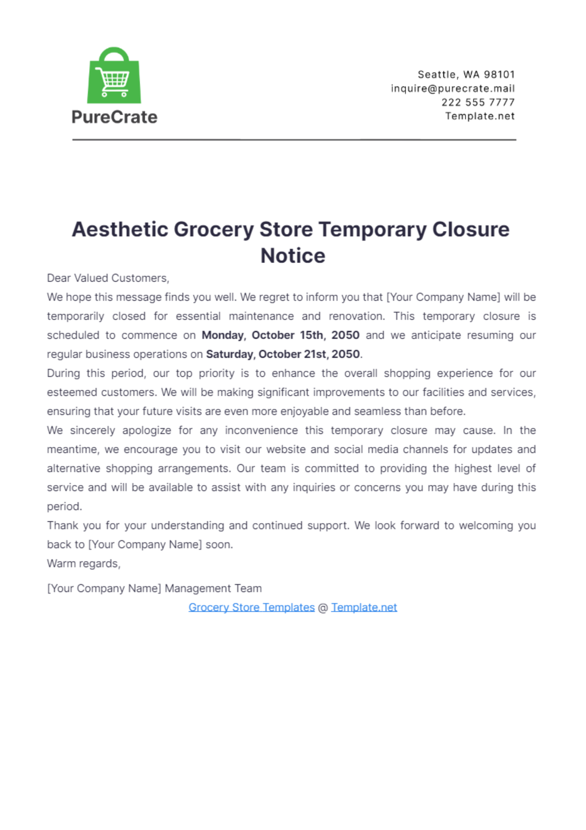 Aesthetic Grocery Store Temporary Close Notice Template - Edit Online & Download