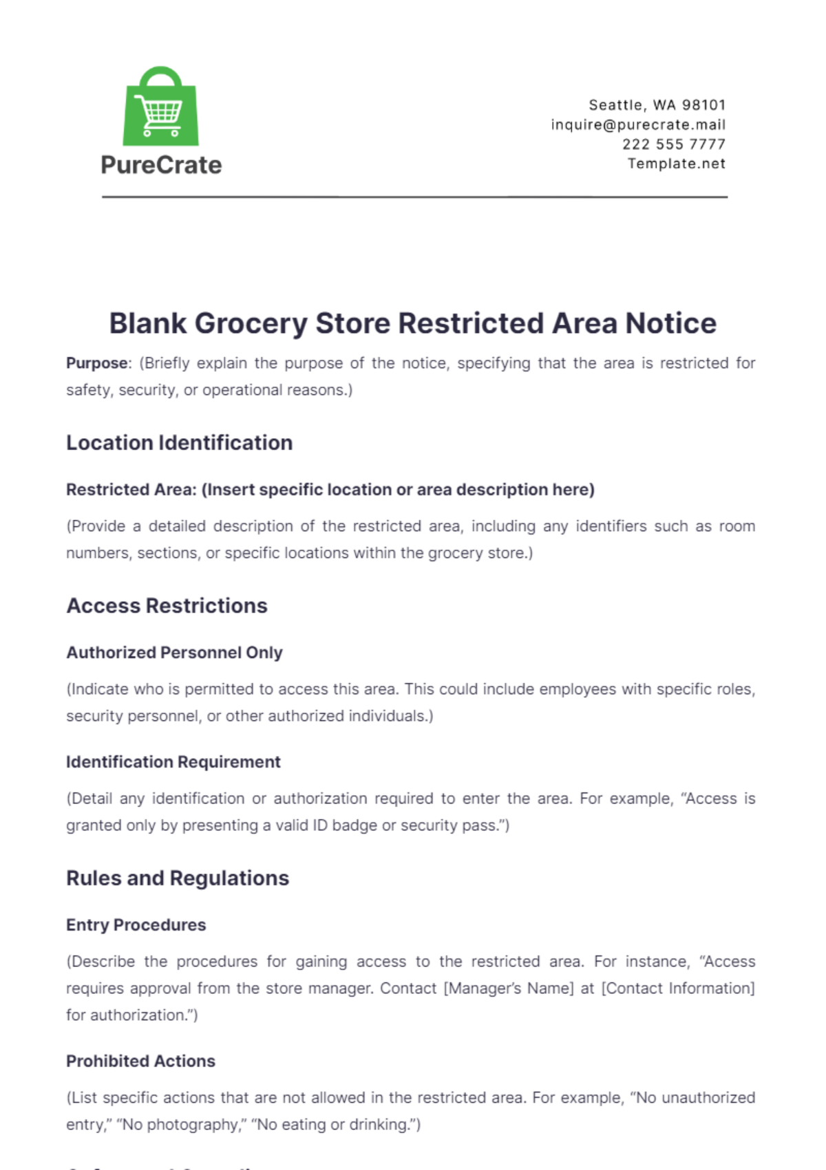 Blank Grocery Store Restricted Area Notice Template - Edit Online & Download