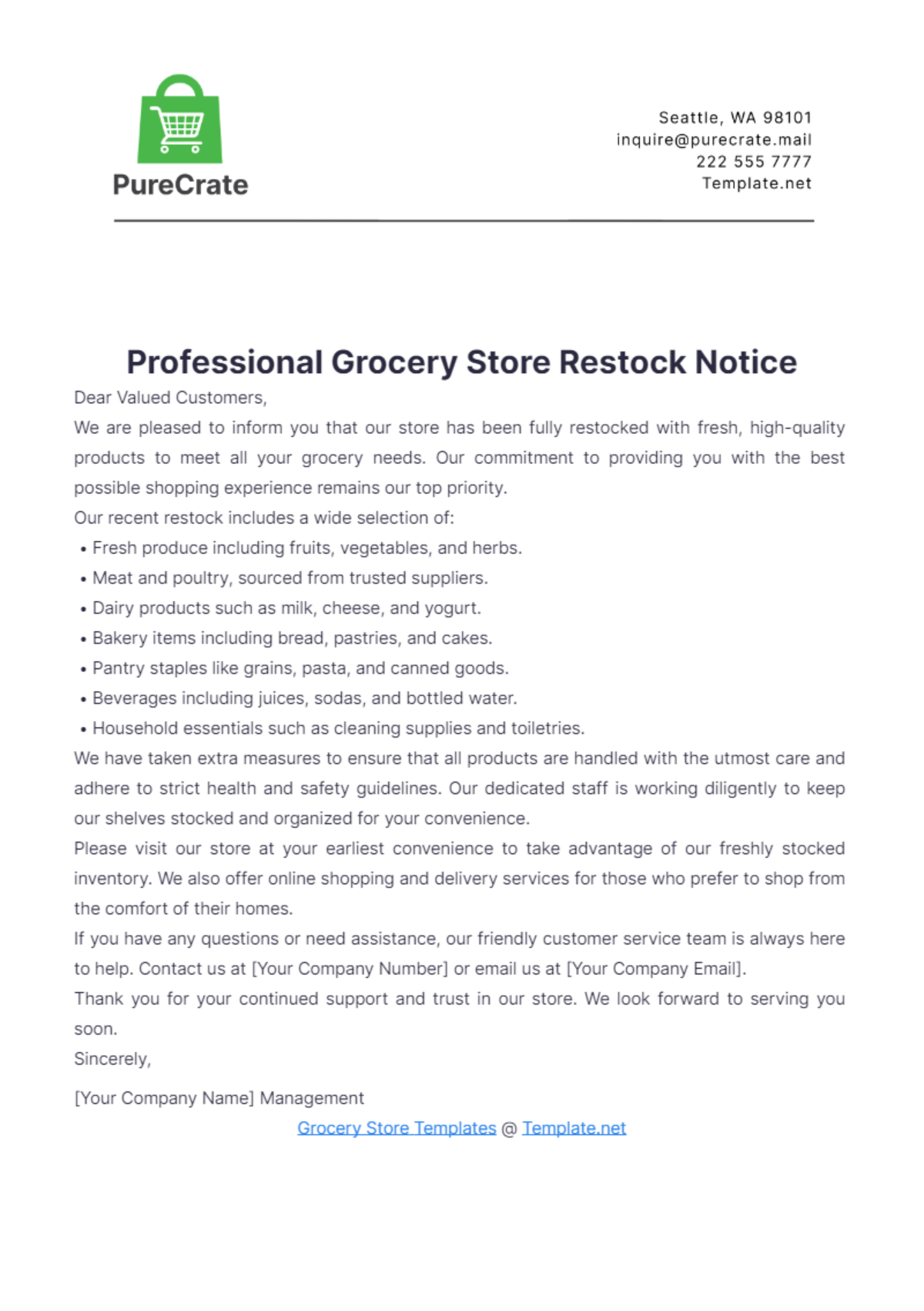 Professional Grocery Store Restock Notice Template - Edit Online & Download