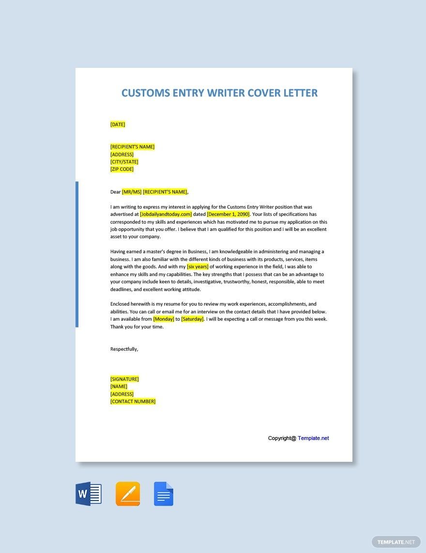Customs Entry Writer Cover Letter