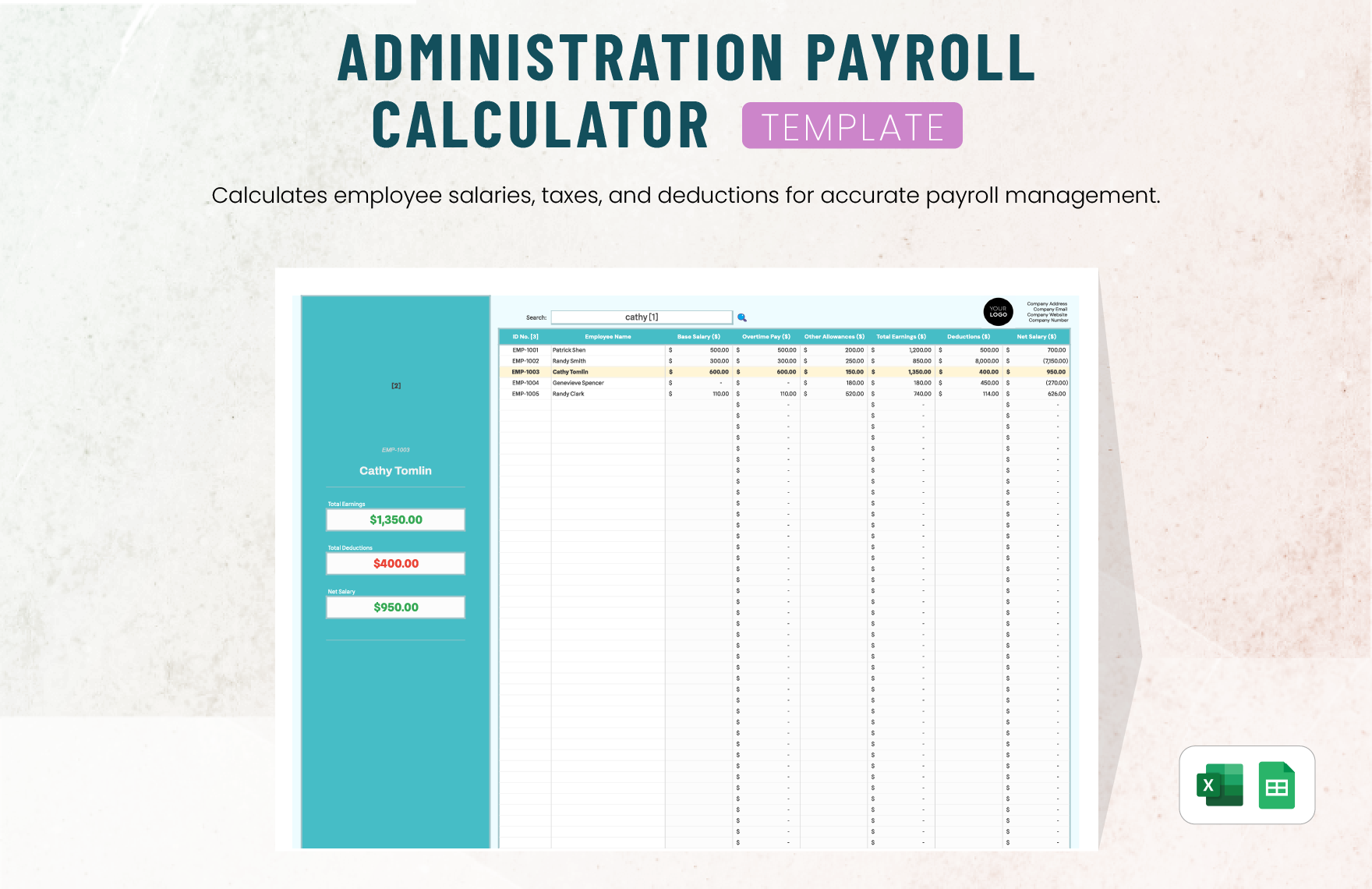 Administration Payroll Calculator Template in Excel, Google Sheets