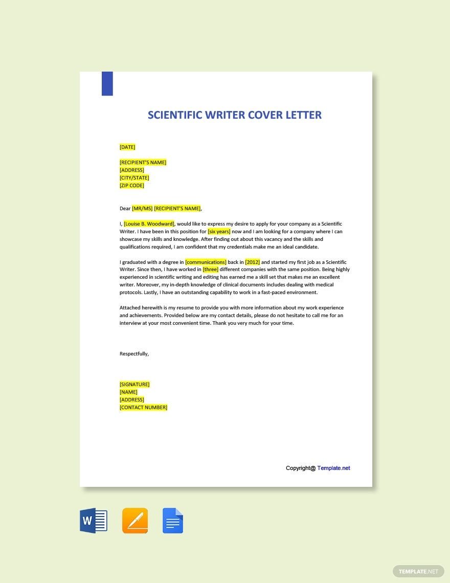 Scientific Writer Cover Letter