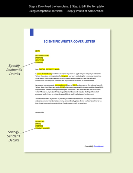 Scientific Writer Cover Letter Template