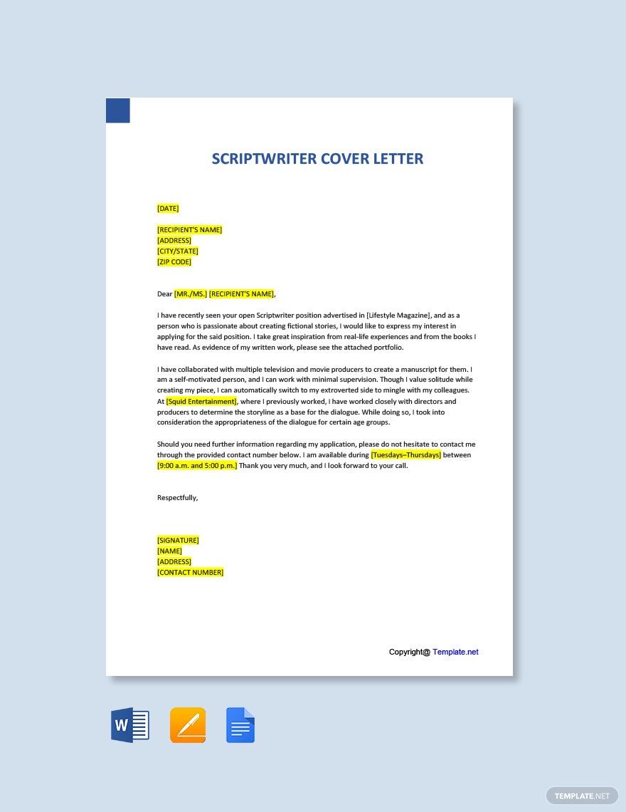 Script Writer Cover Letter in Word, Google Docs, Pages, PDF - Download | Template.net