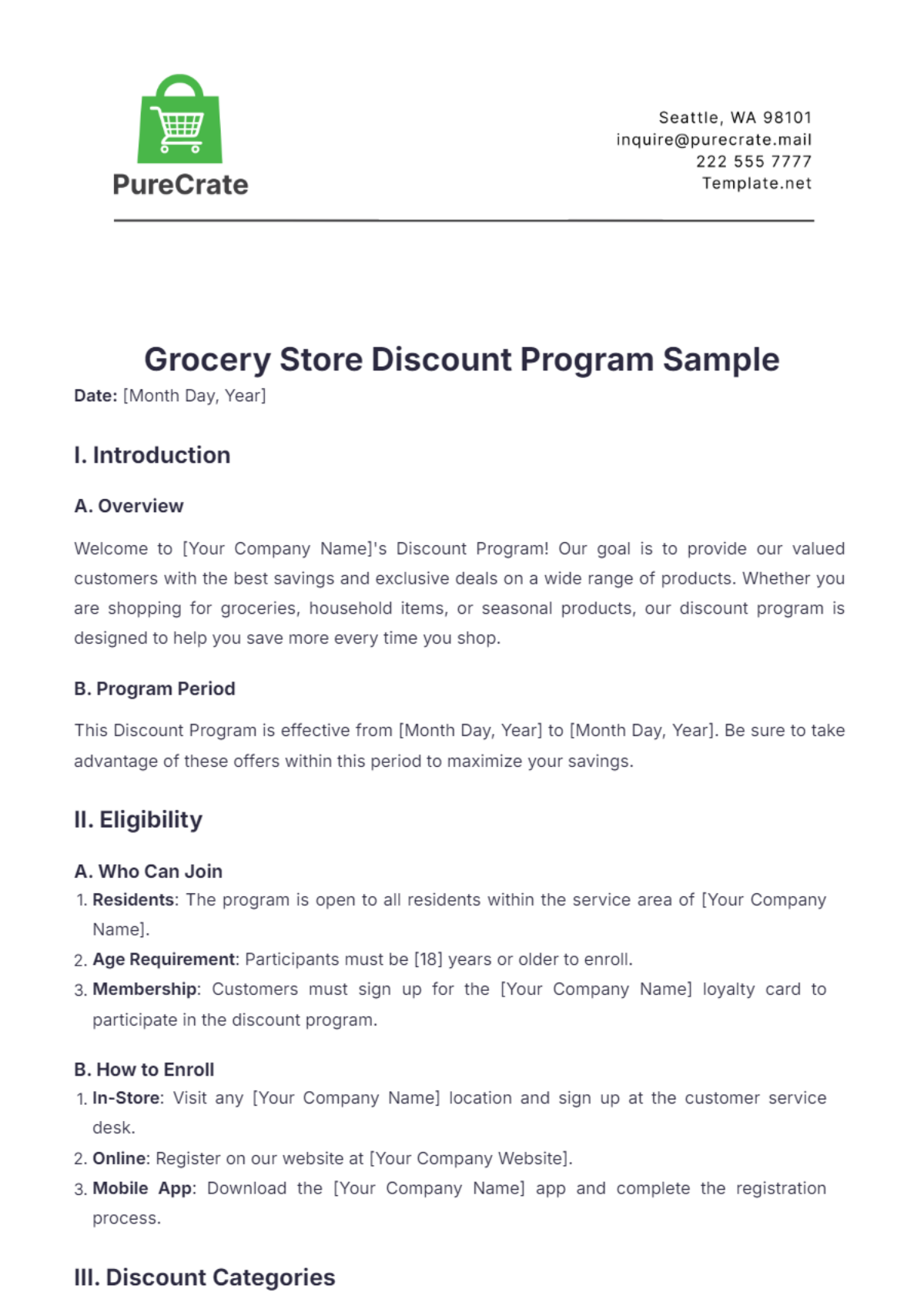 Grocery Store Discount Program Sample Template - Edit Online & Download