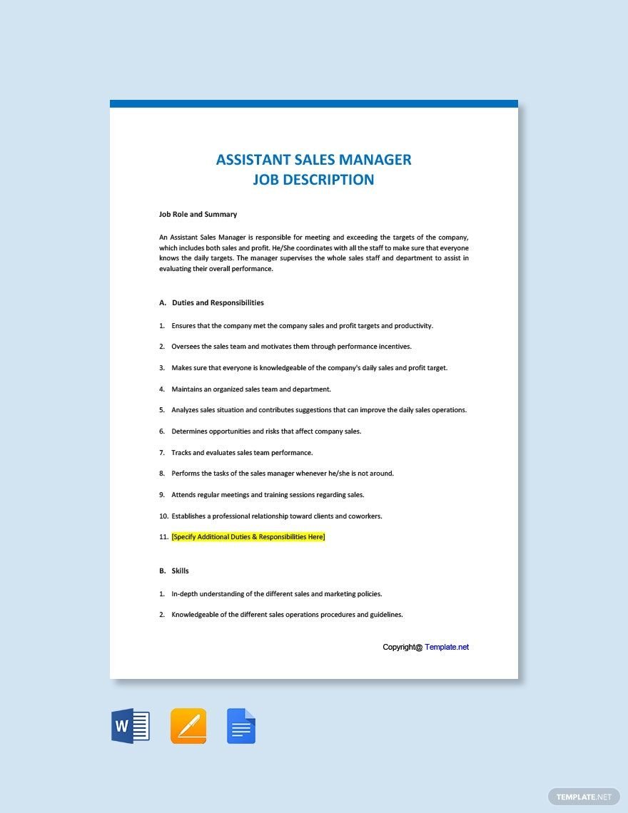 Free Assistant Sales Manager Job Ad/Description Template