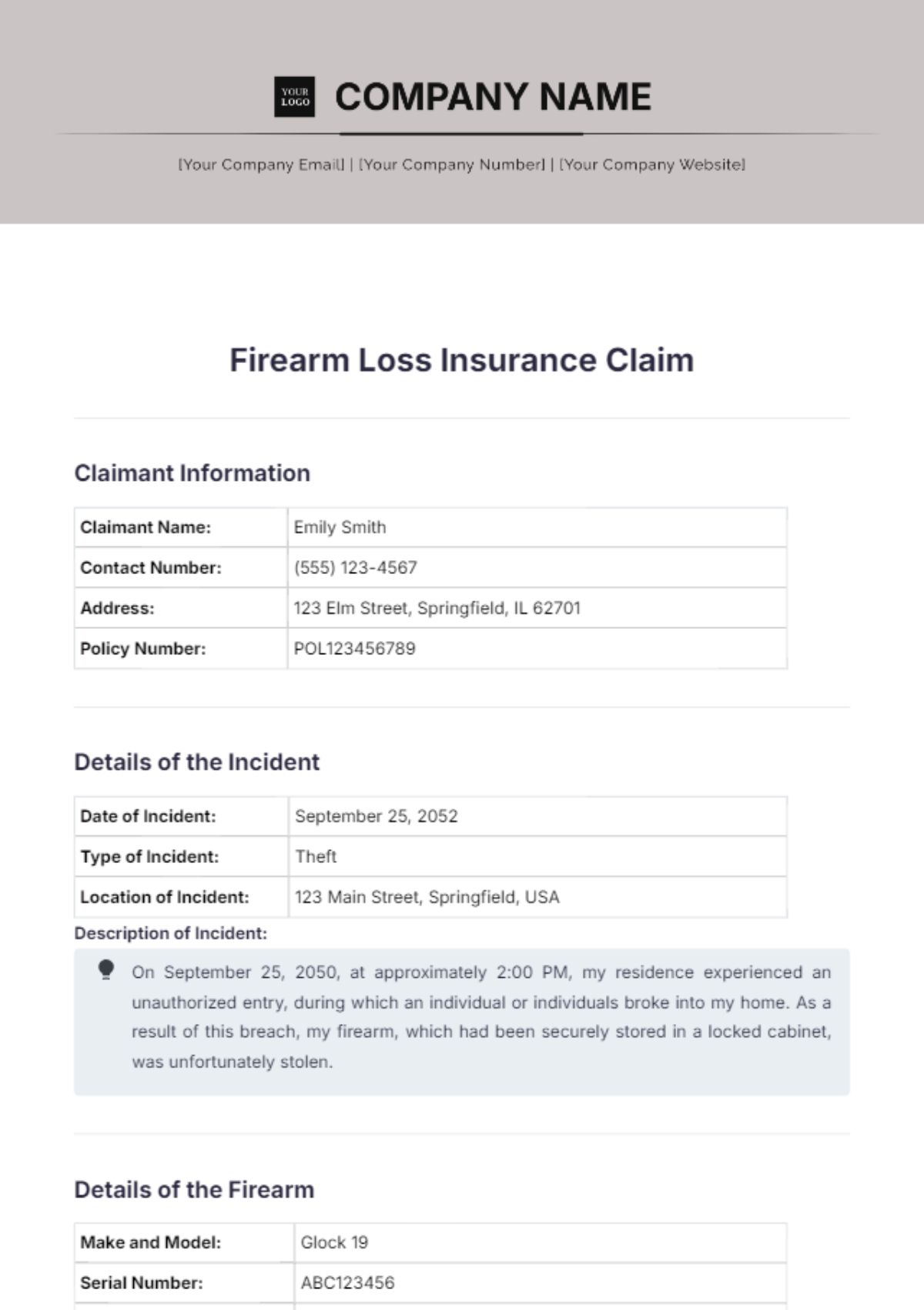 Firearm Loss Insurance Claim Template - Edit Online & Download