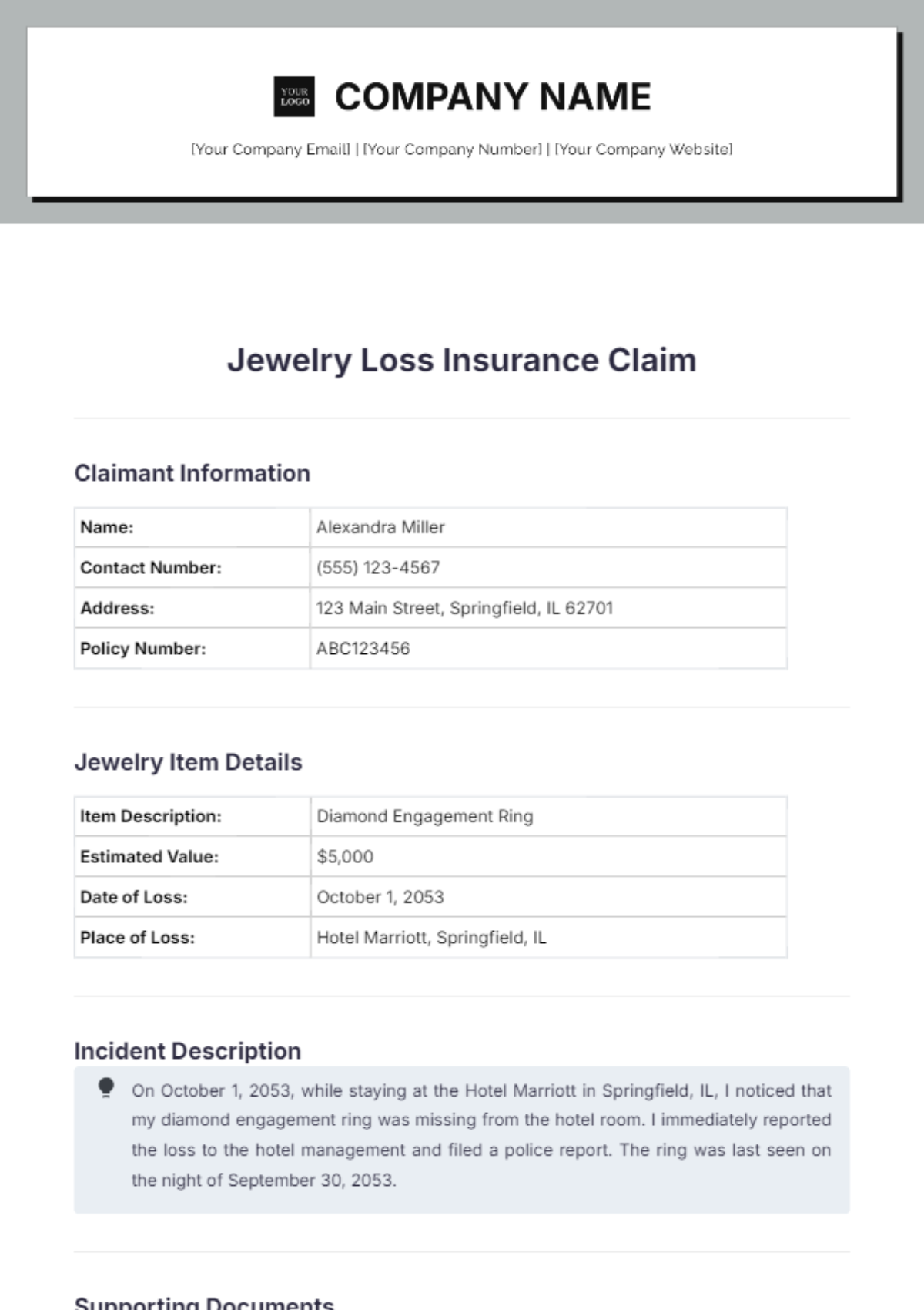 Jewelry Loss Insurance Claim Template - Edit Online & Download