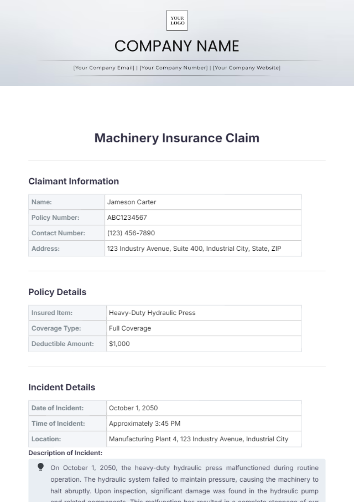 Machinery Insurance Claim Template - Edit Online & Download