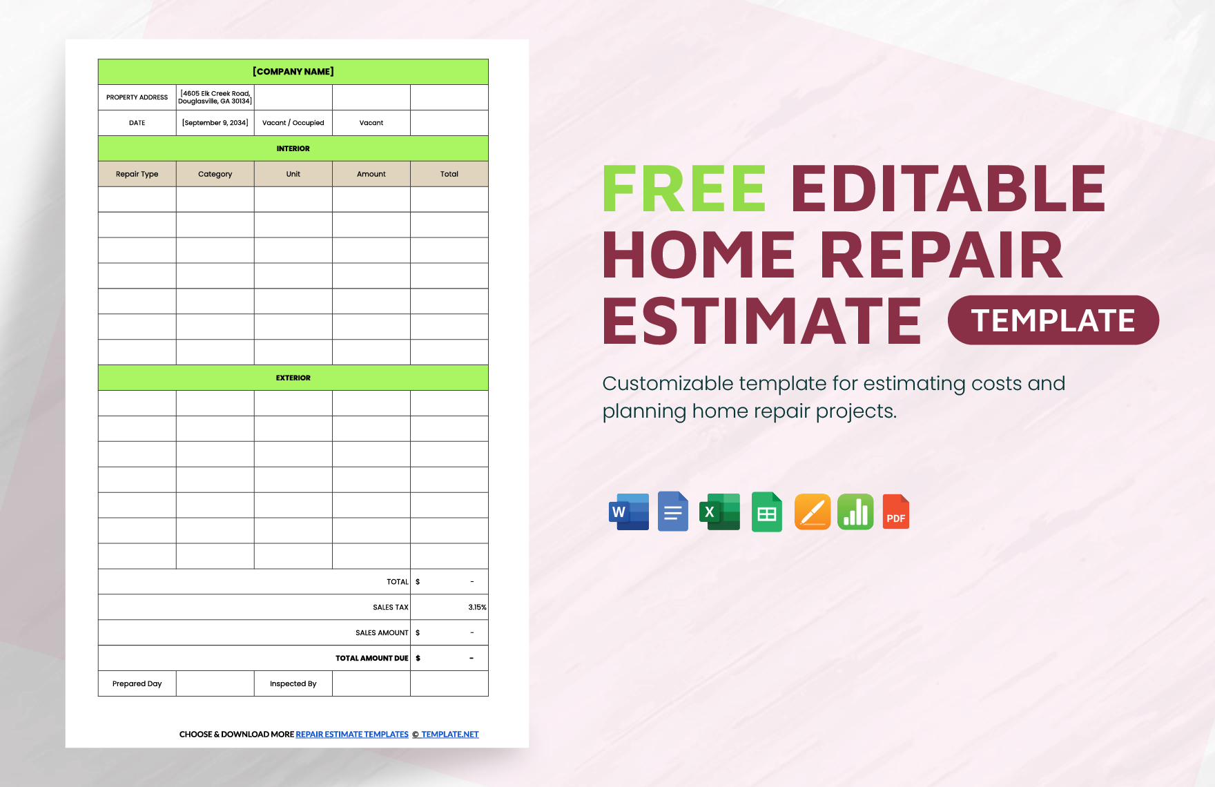Editable Home Repair Estimate Template