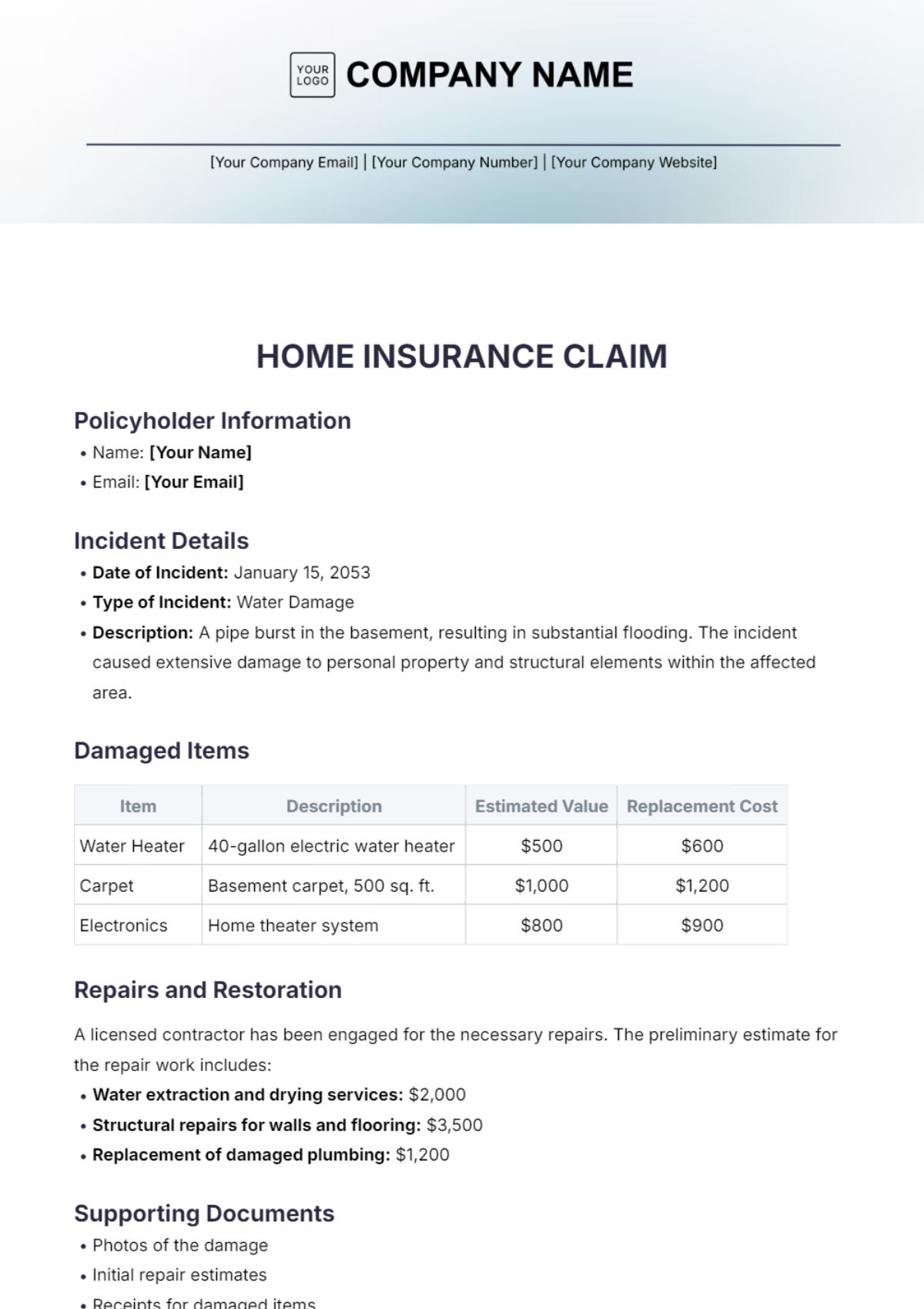 Home Insurance Claim Template - Edit Online & Download