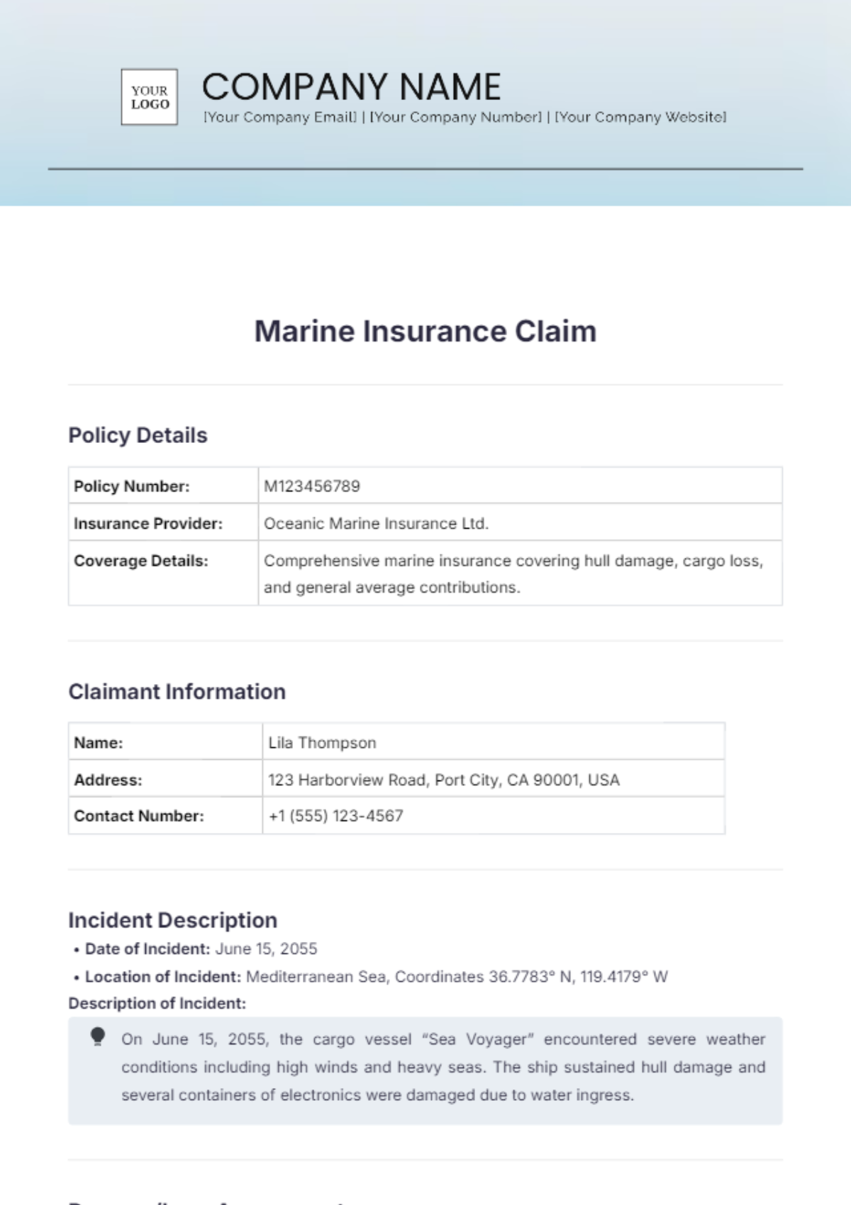 Marine Insurance Claim Template - Edit Online & Download