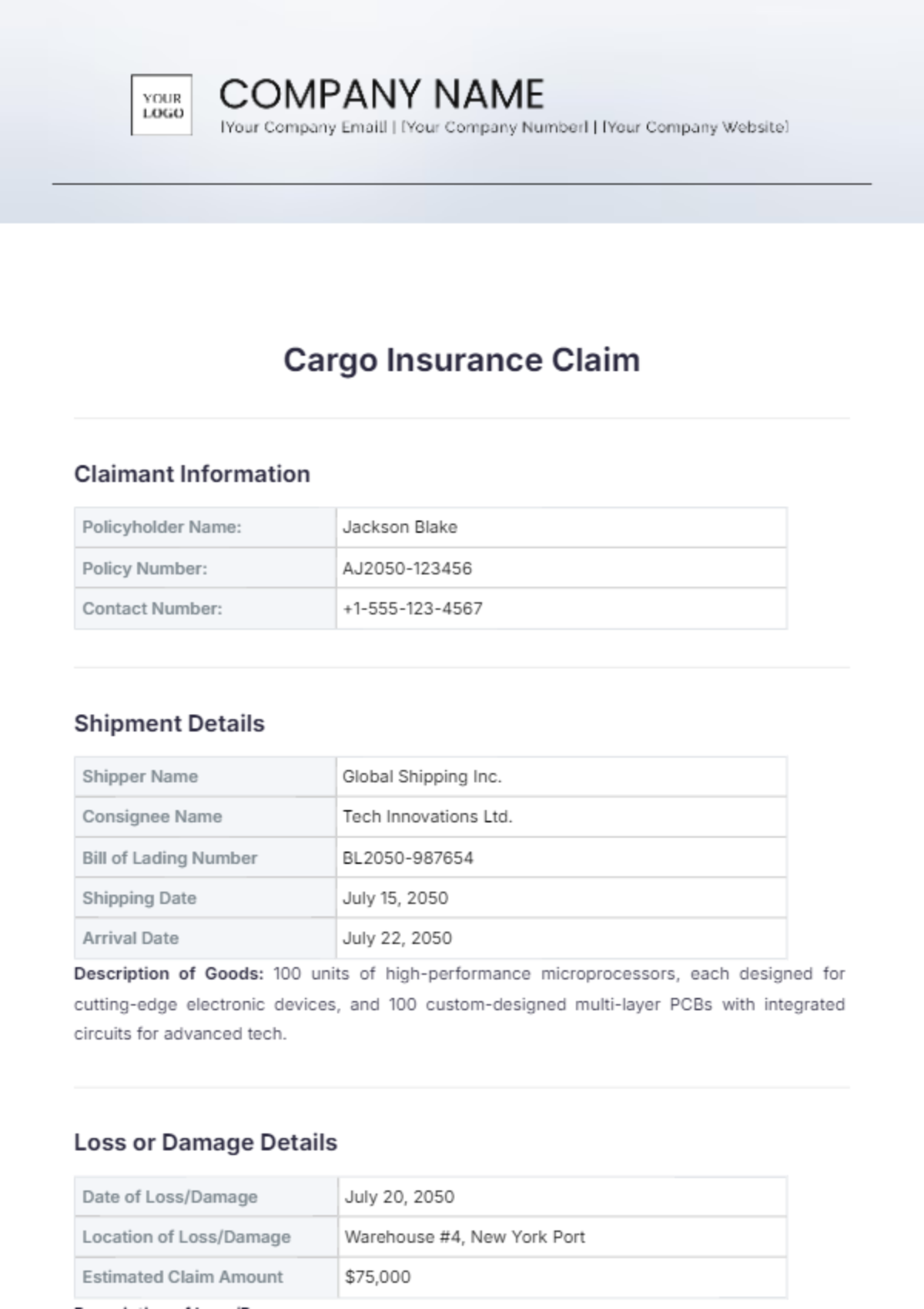 Cargo Insurance Claim Template - Edit Online & Download