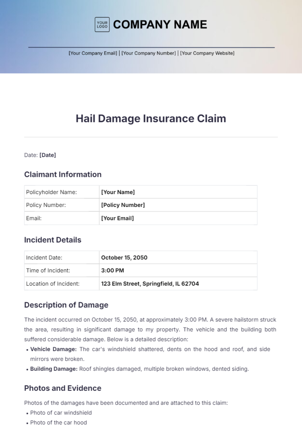 Hail Damage Insurance Claim Template - Edit Online & Download