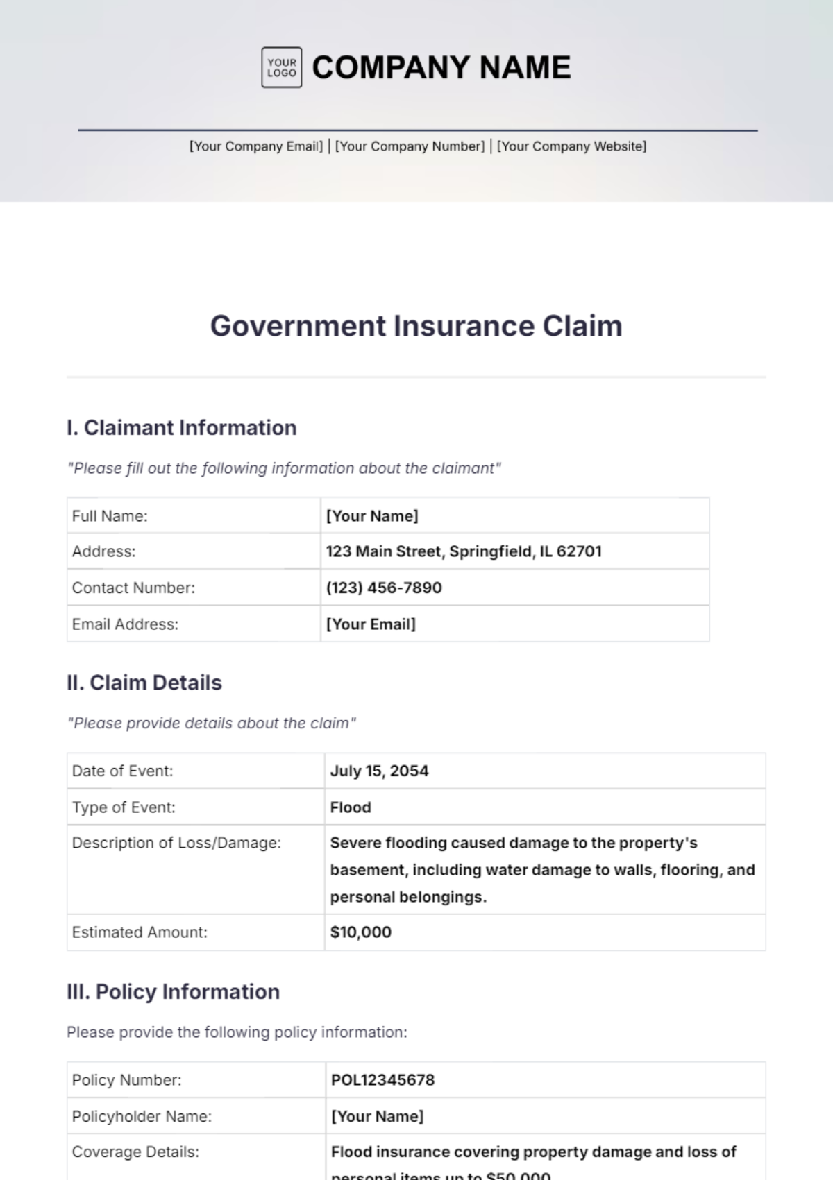 Government Insurance Claim Template - Edit Online & Download